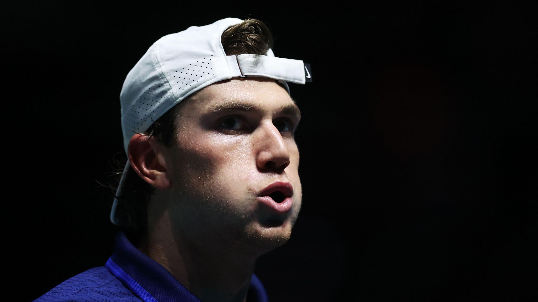 Jack Draper puffs out his cheeks during the Davis Cup tie