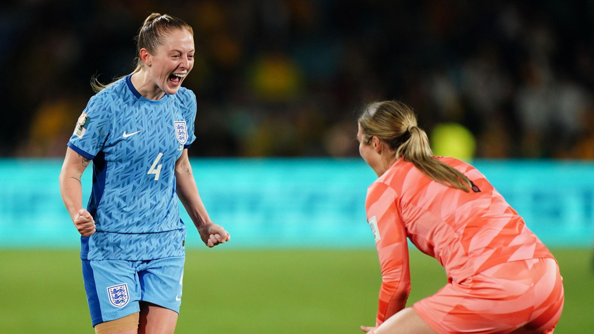 England's Keira Walsh and goalkeeper Mary Earps celebrate after the FIFA Women's World Cup semi-final match at Stadium Australia, Sydney.
