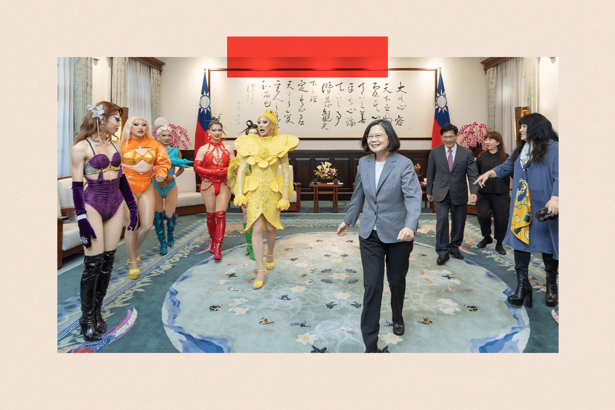 Tsai Ing-wen hosted a delegation of drag queens - including RuPaul's Drag Race winner, Taiwanese-American Nymphia Wind - at her presidential office