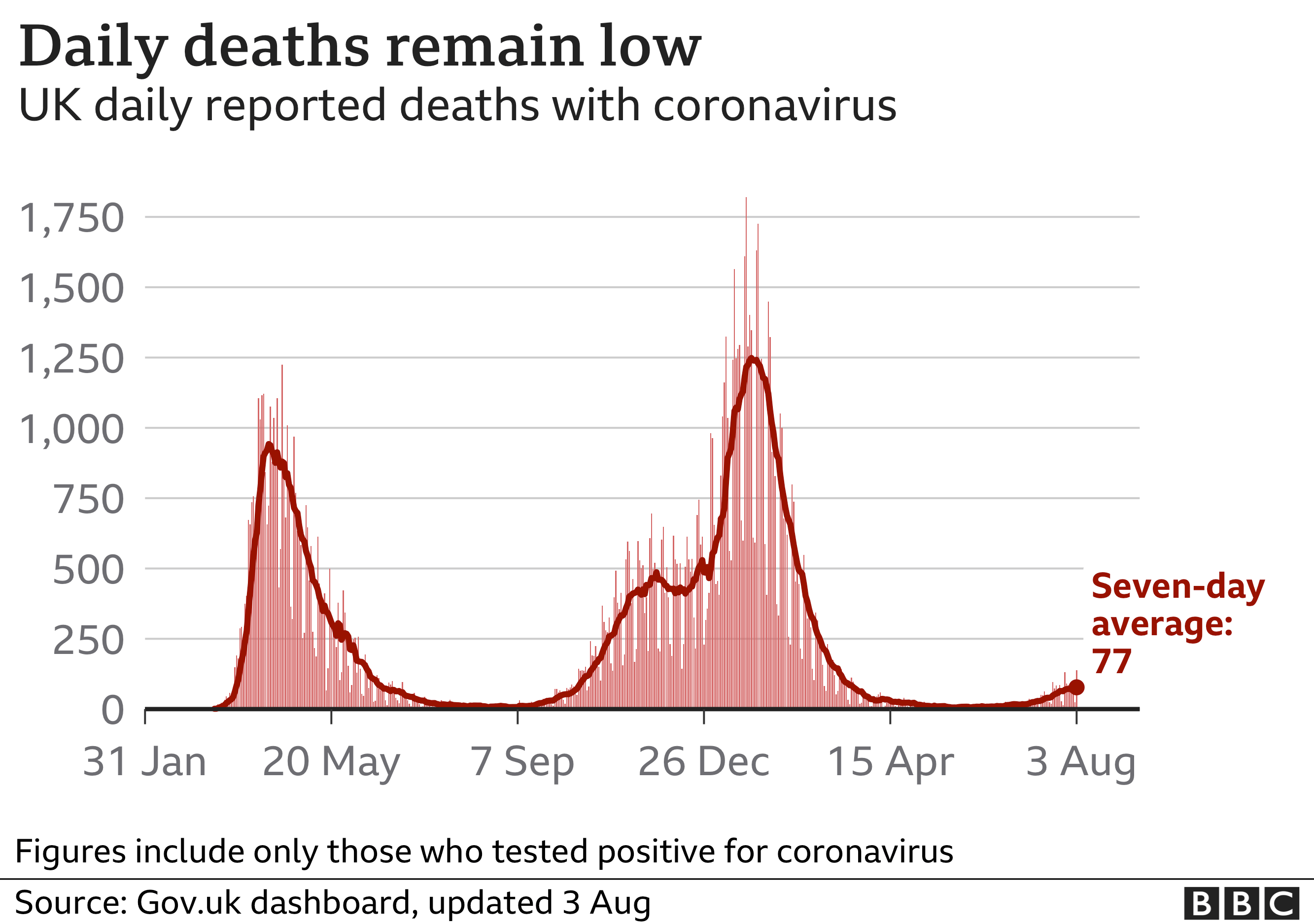 Chart shows daily deaths remain low. Updated 3 August.