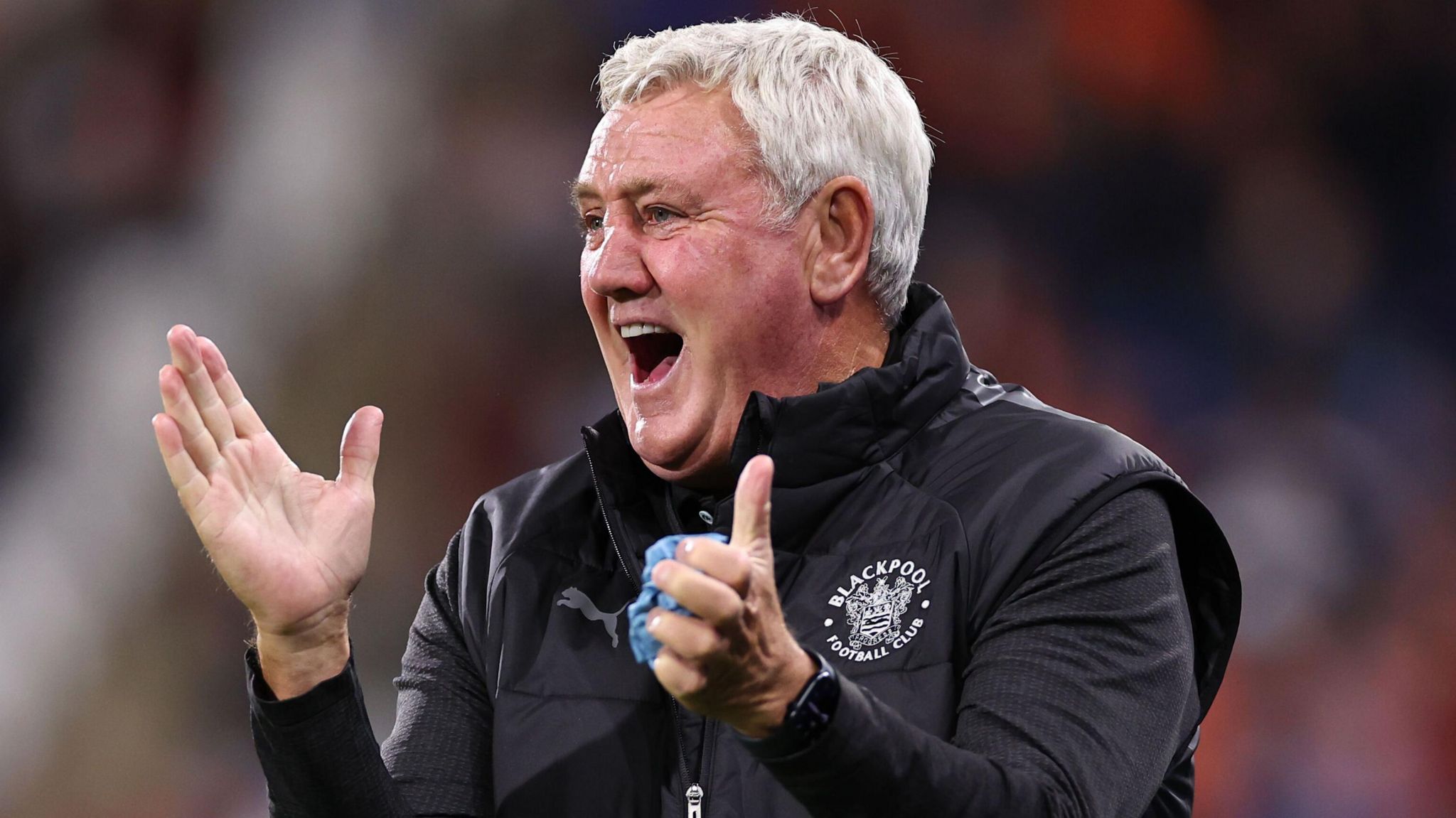 Blackpool manager Steve Bruce celebrates a goal against Huddersfield in their League One match