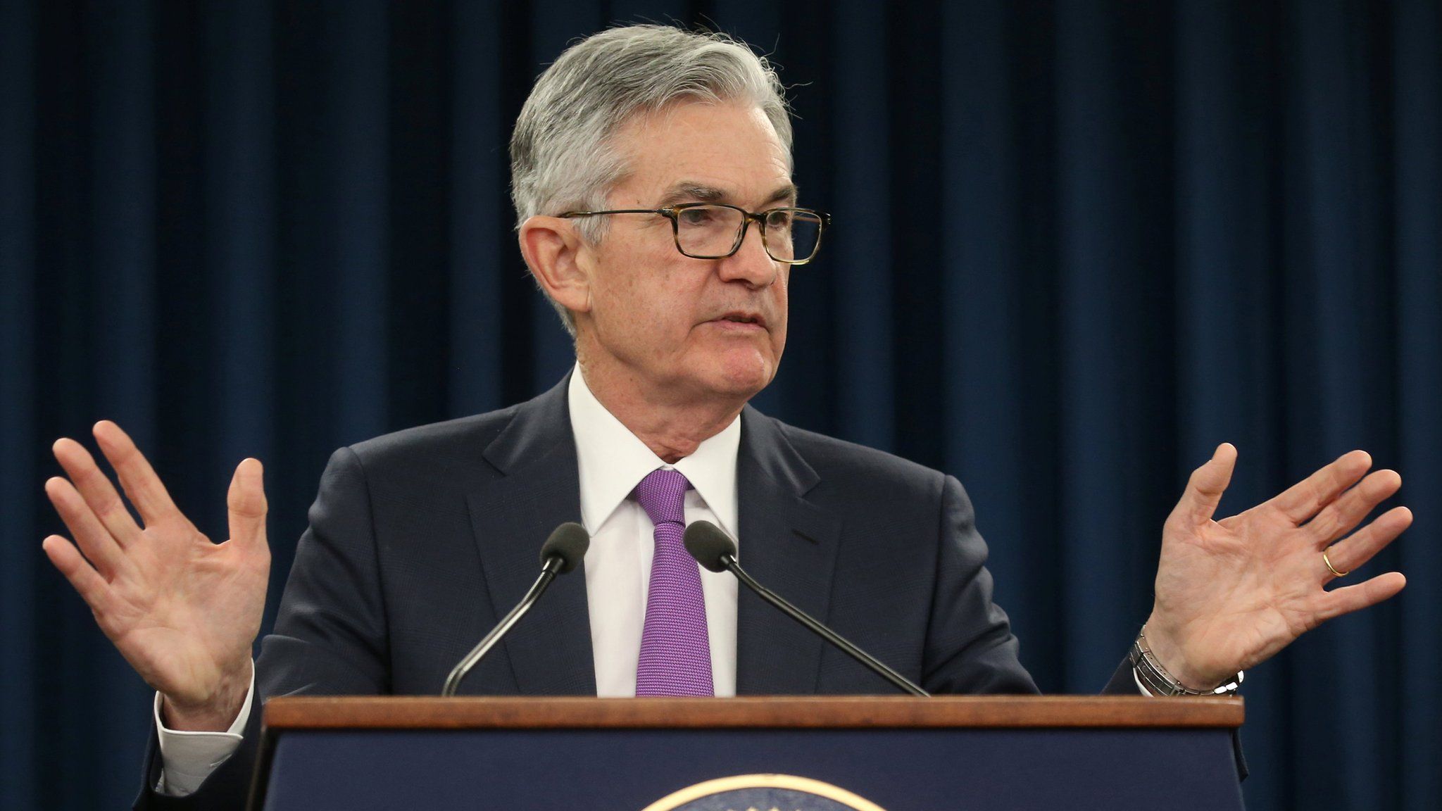 Federal Reserve Chairman Jerome Powell holds a press conference following a two day Federal Open Market Committee policy meeting in Washington, U.S., January 30, 2019.