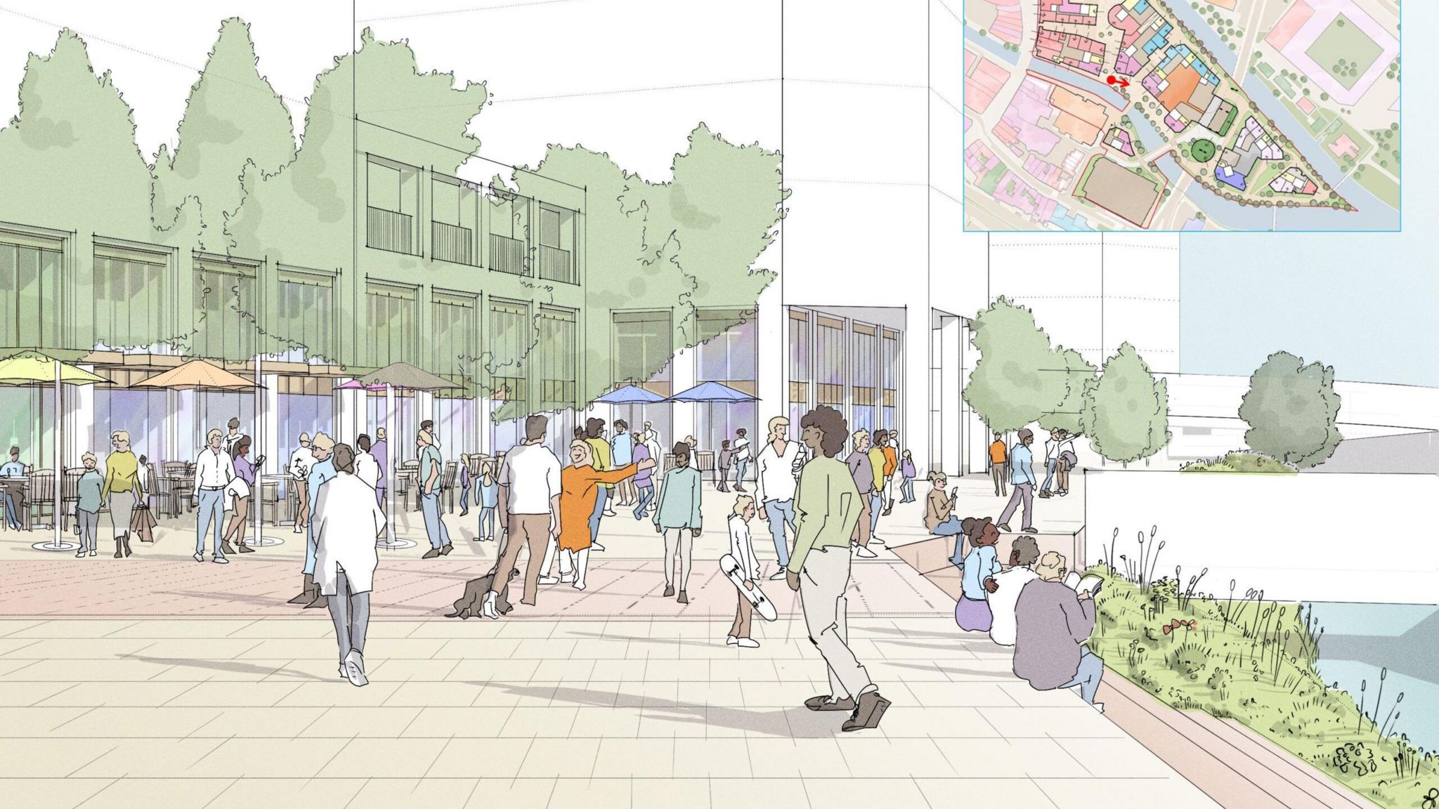 A cartoon mock-up. People are walking in Chelmsford City Centre
