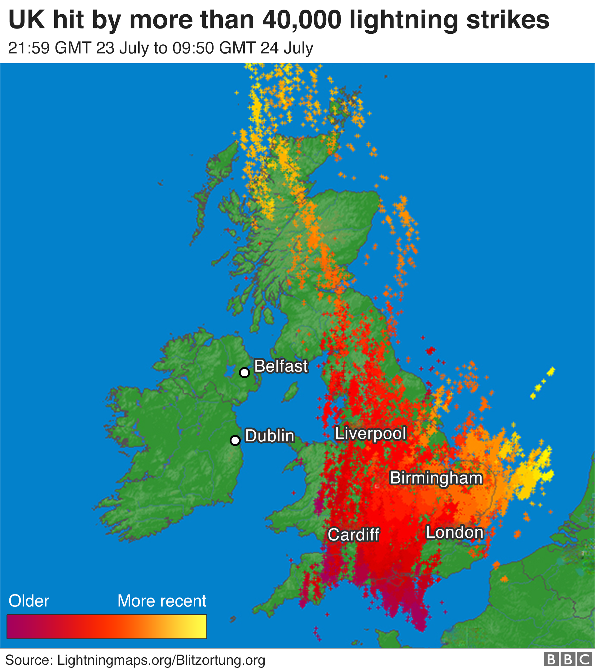 Lightning strikes hitting the UK in a 12 hour period