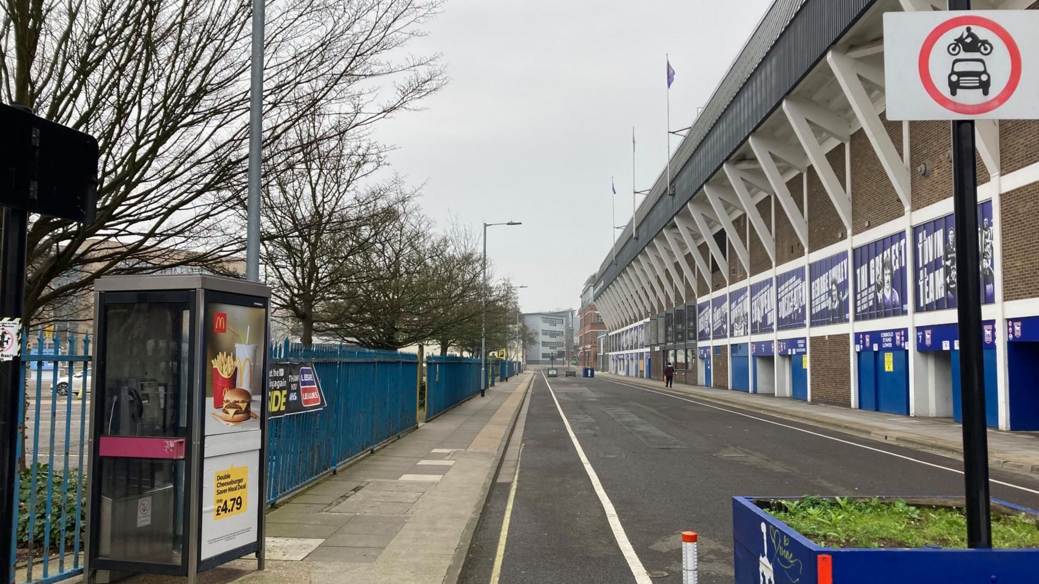 Portman Road in Ipswich showing the exterior of the football stadium's Cobbold Stand