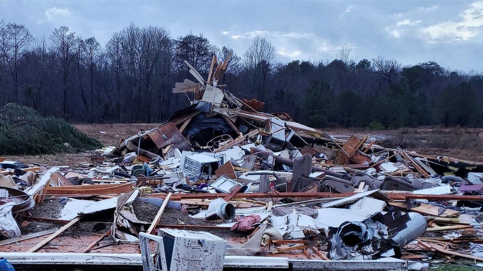 Damage left by a tornado in Bossier Parish, Louisiana