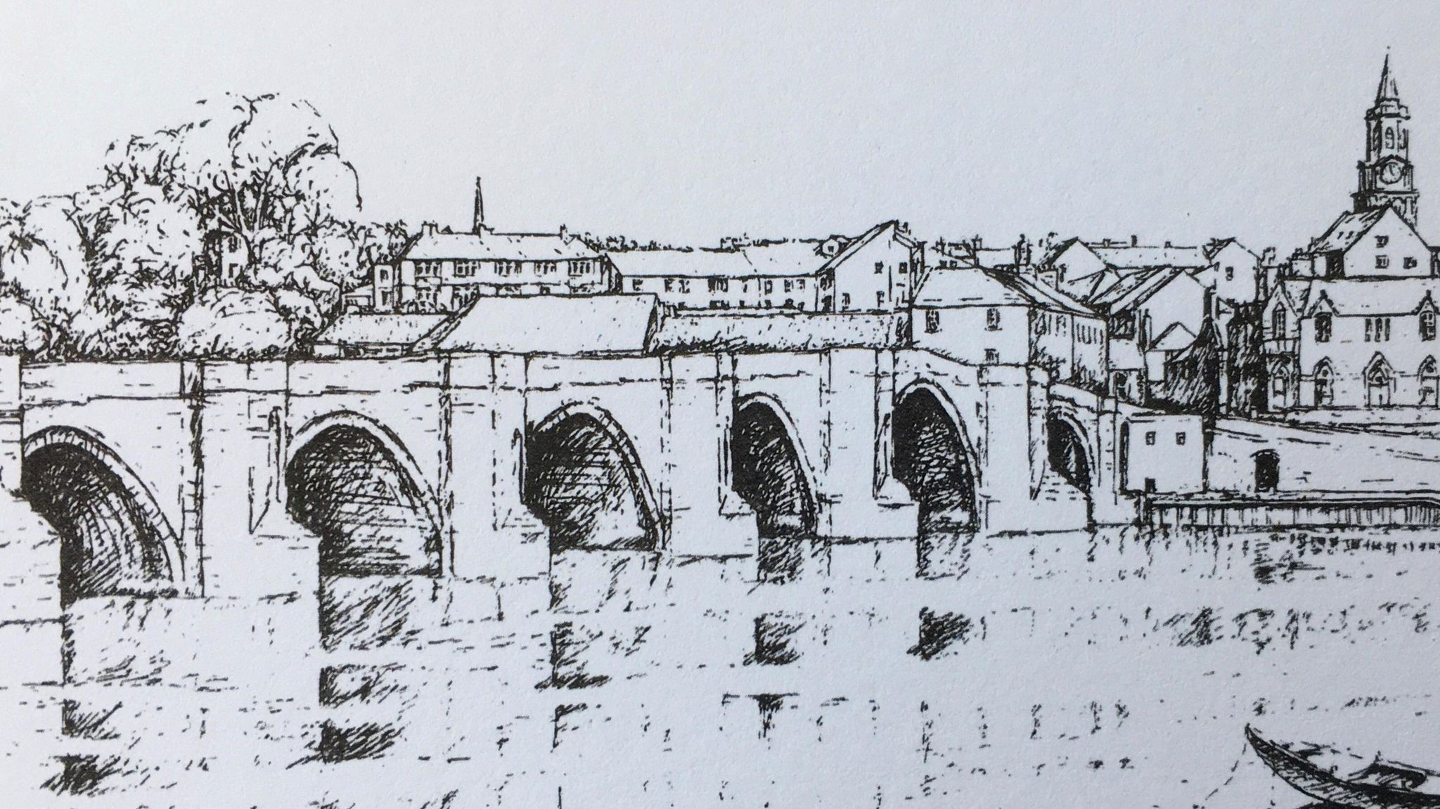 Hand sketch in black and white of Berwick Old Bridge