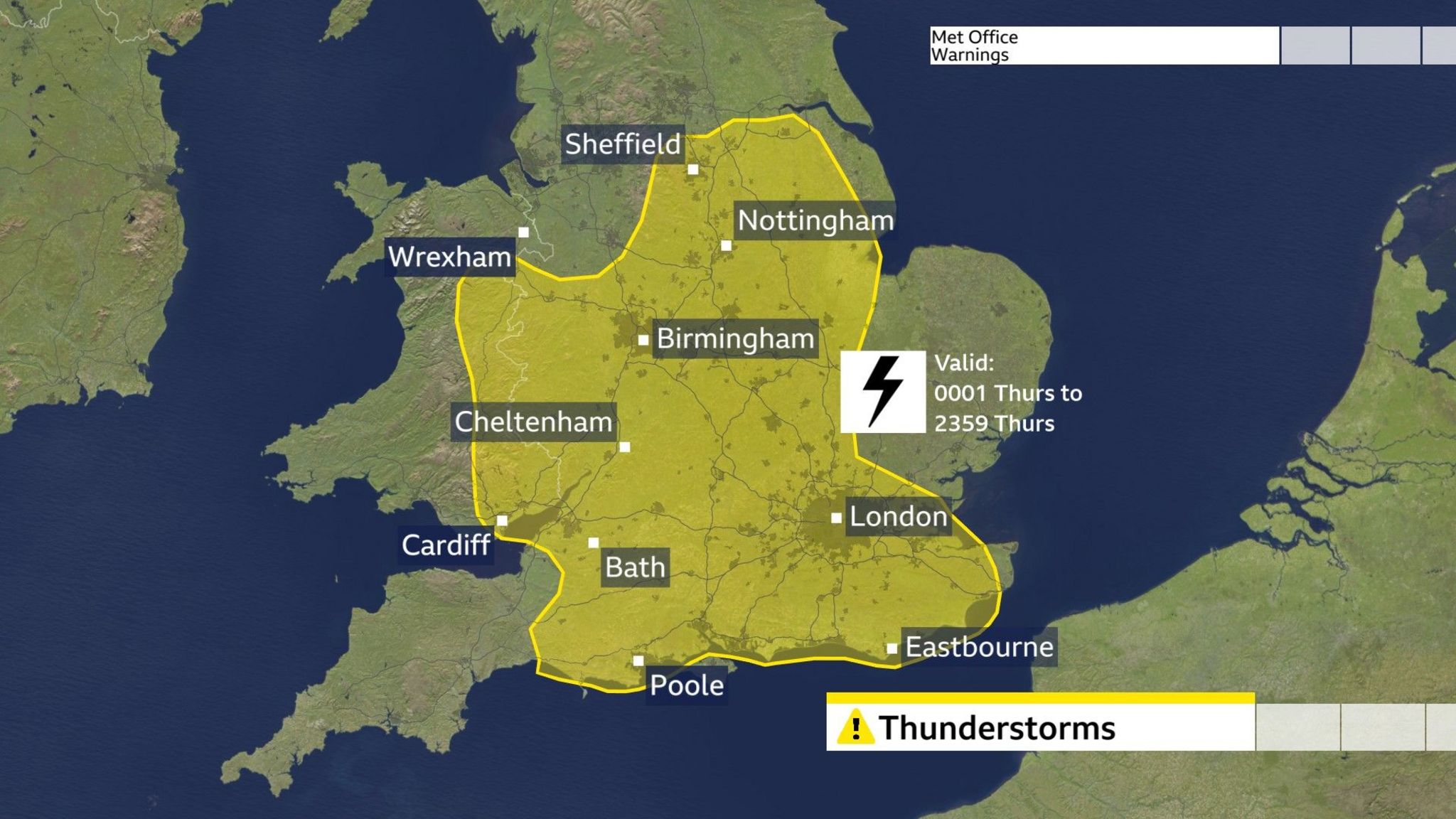 A map shows a yellow thunderstorm warning from Sheffield down to Eastbourne and Poole and including Cardiff