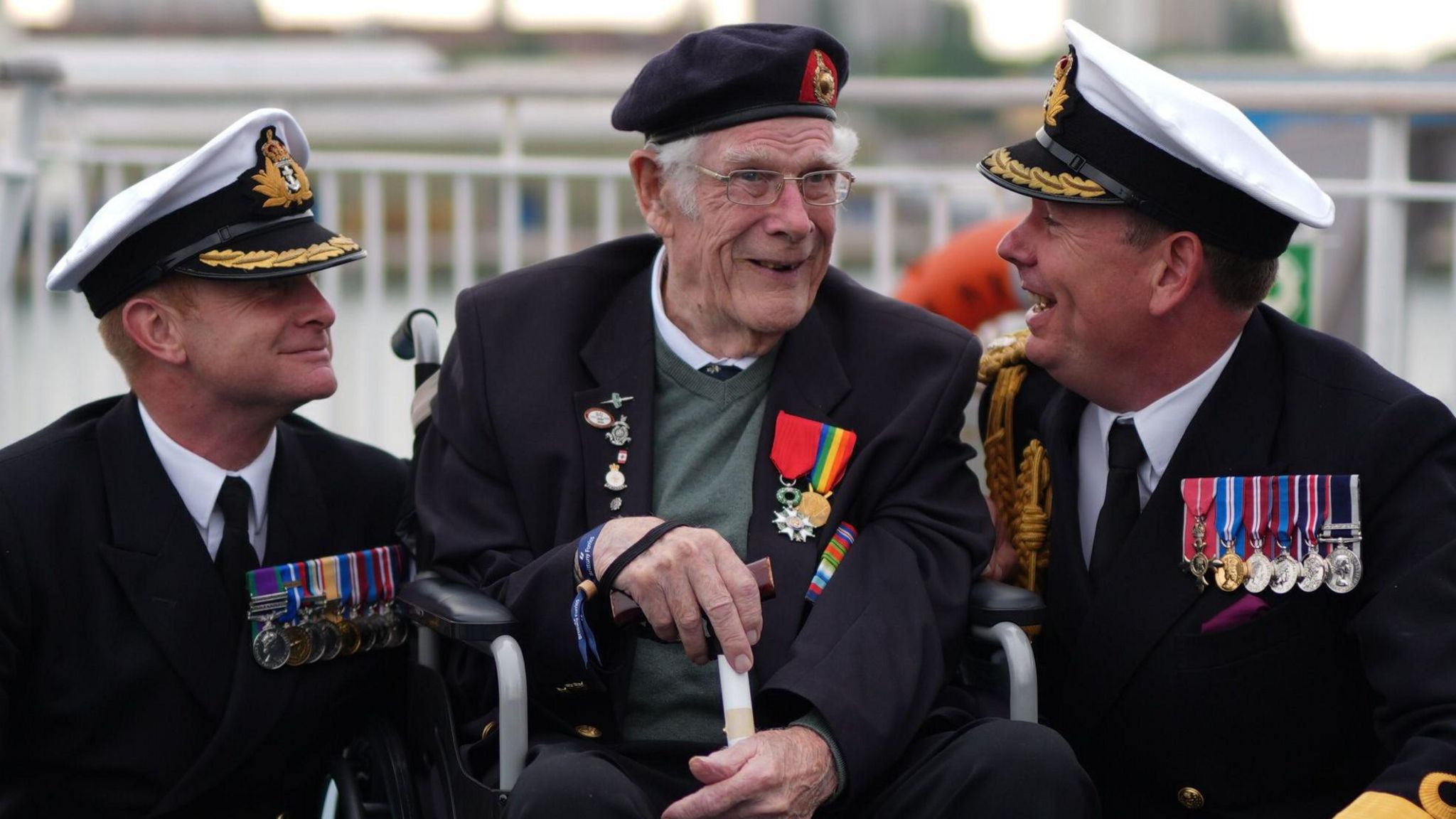 (Left to right) Royal Navy Commander Glenn Higson, D-Day veteran Jim Grant and Royal Navy Commodore John Voyce