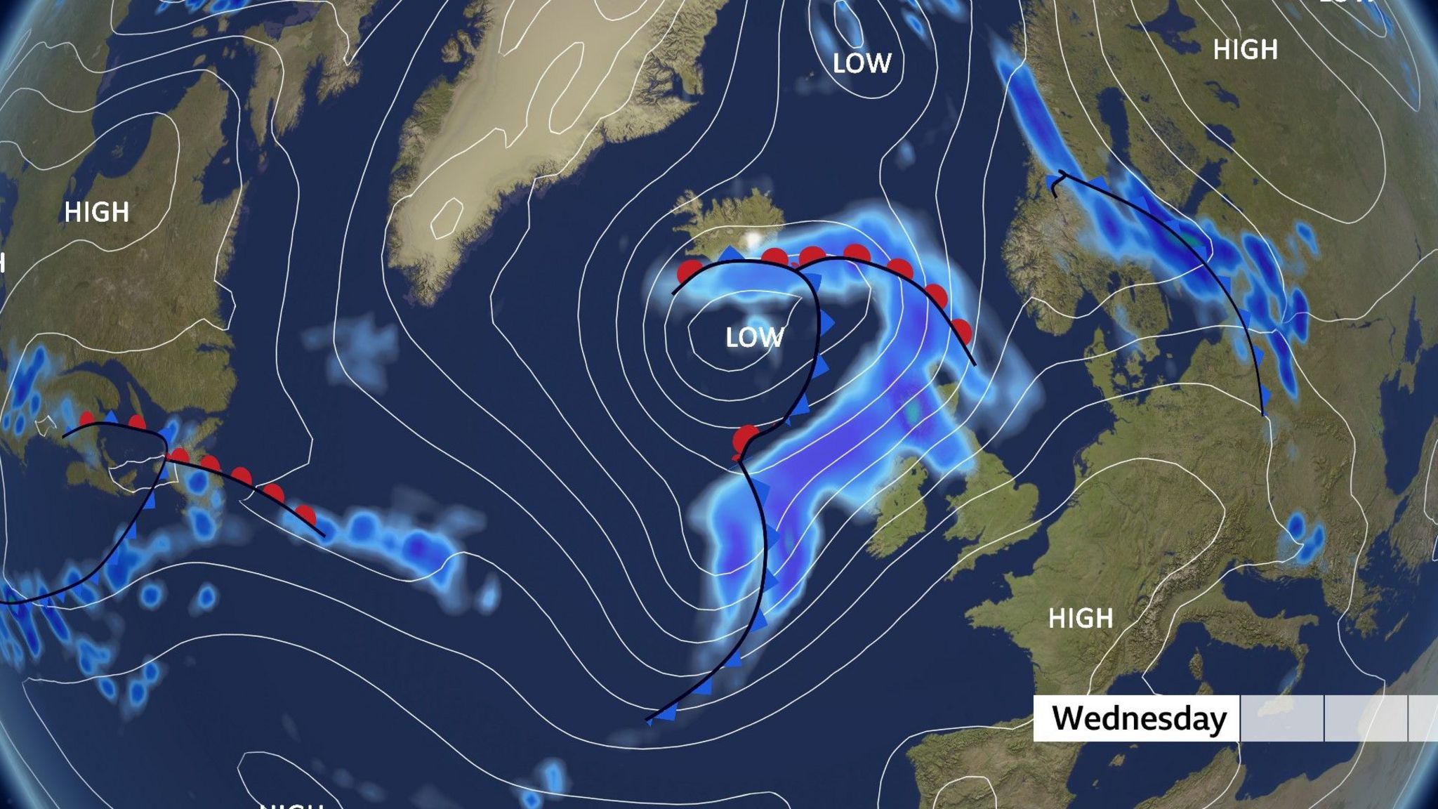 Atlantic map showing a low pressure system moving across the UK