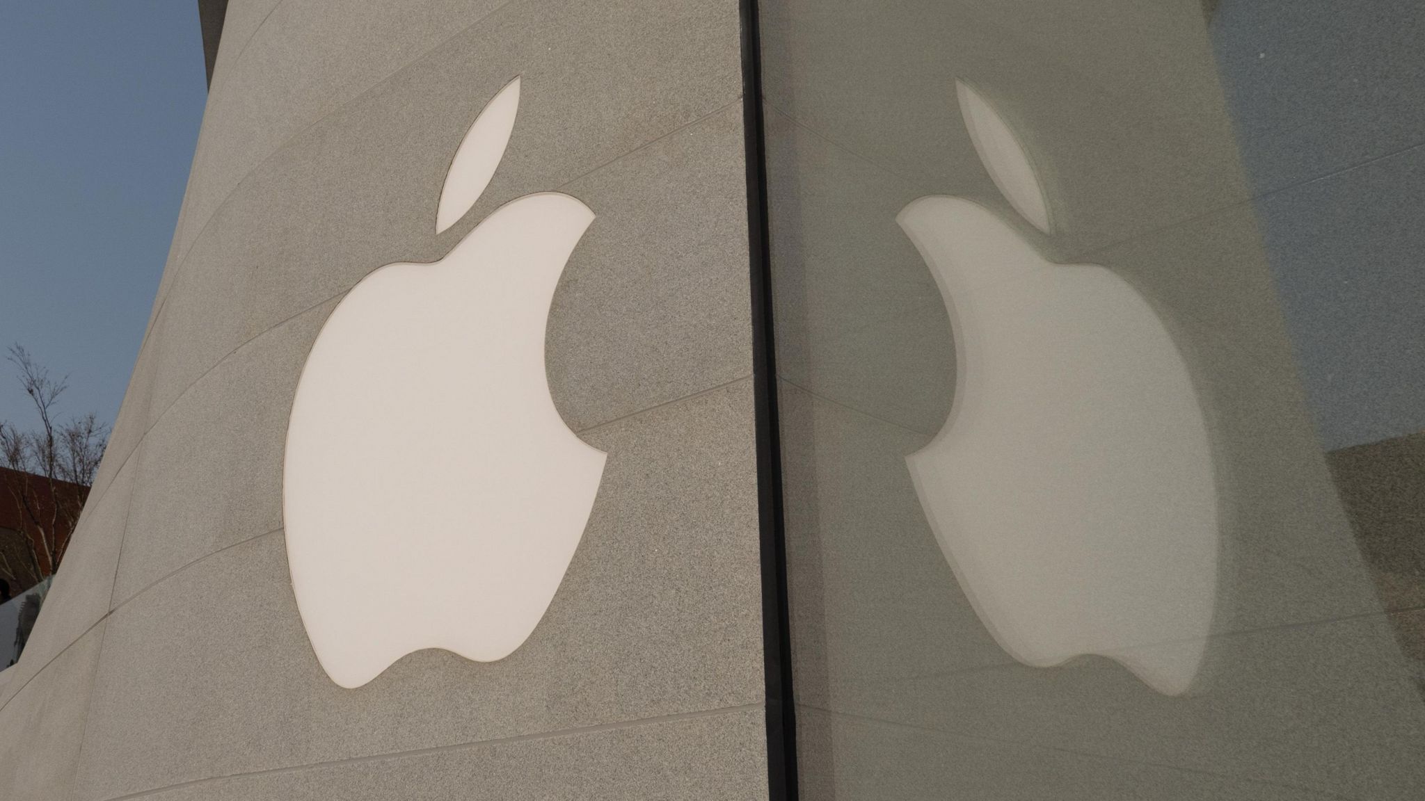The Apple logo reflected in glass