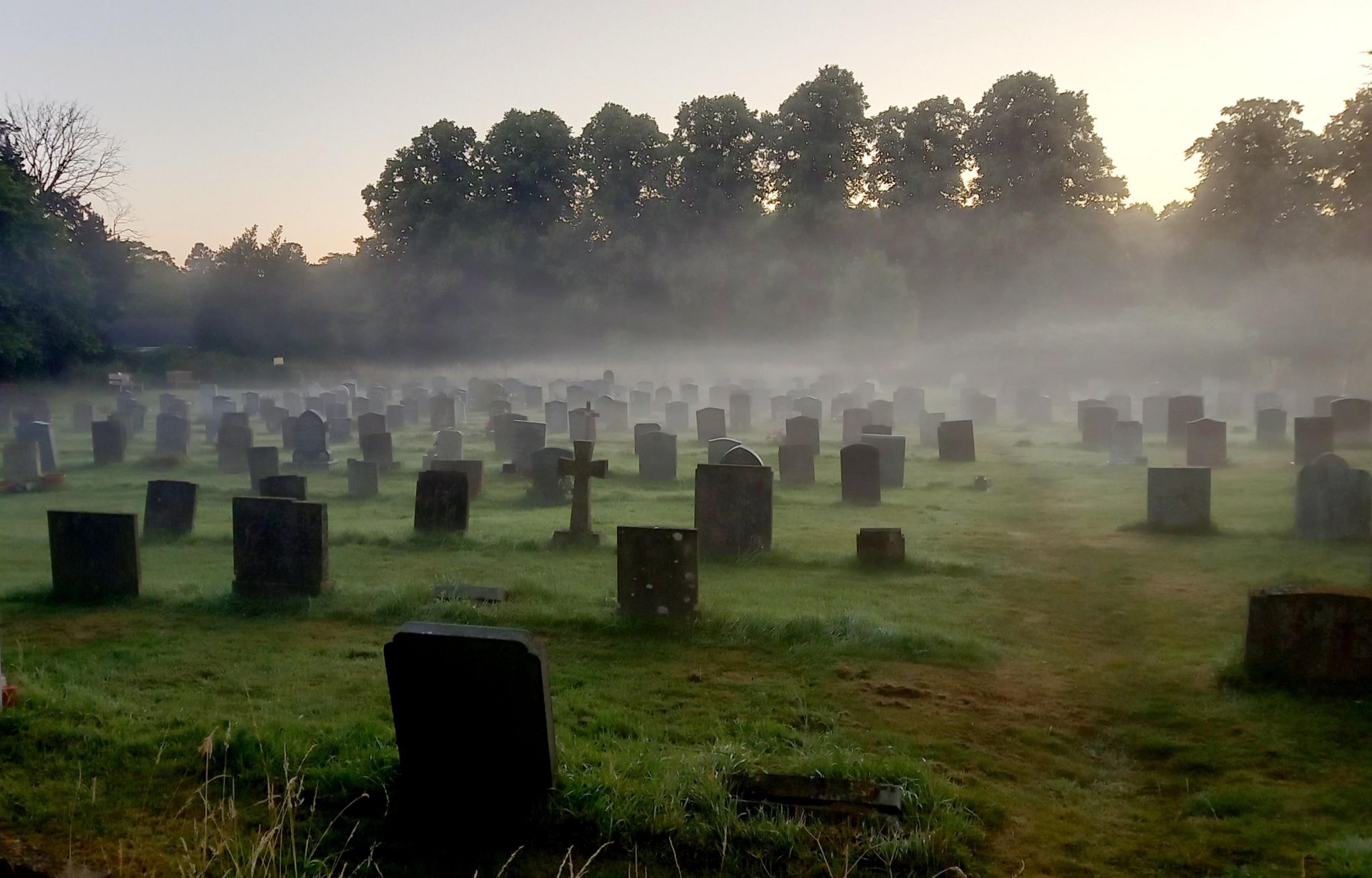 A graveyard with dozens of upright stones, mainly slabs but with one cross in the middle distance. They are surrounded by low mist.