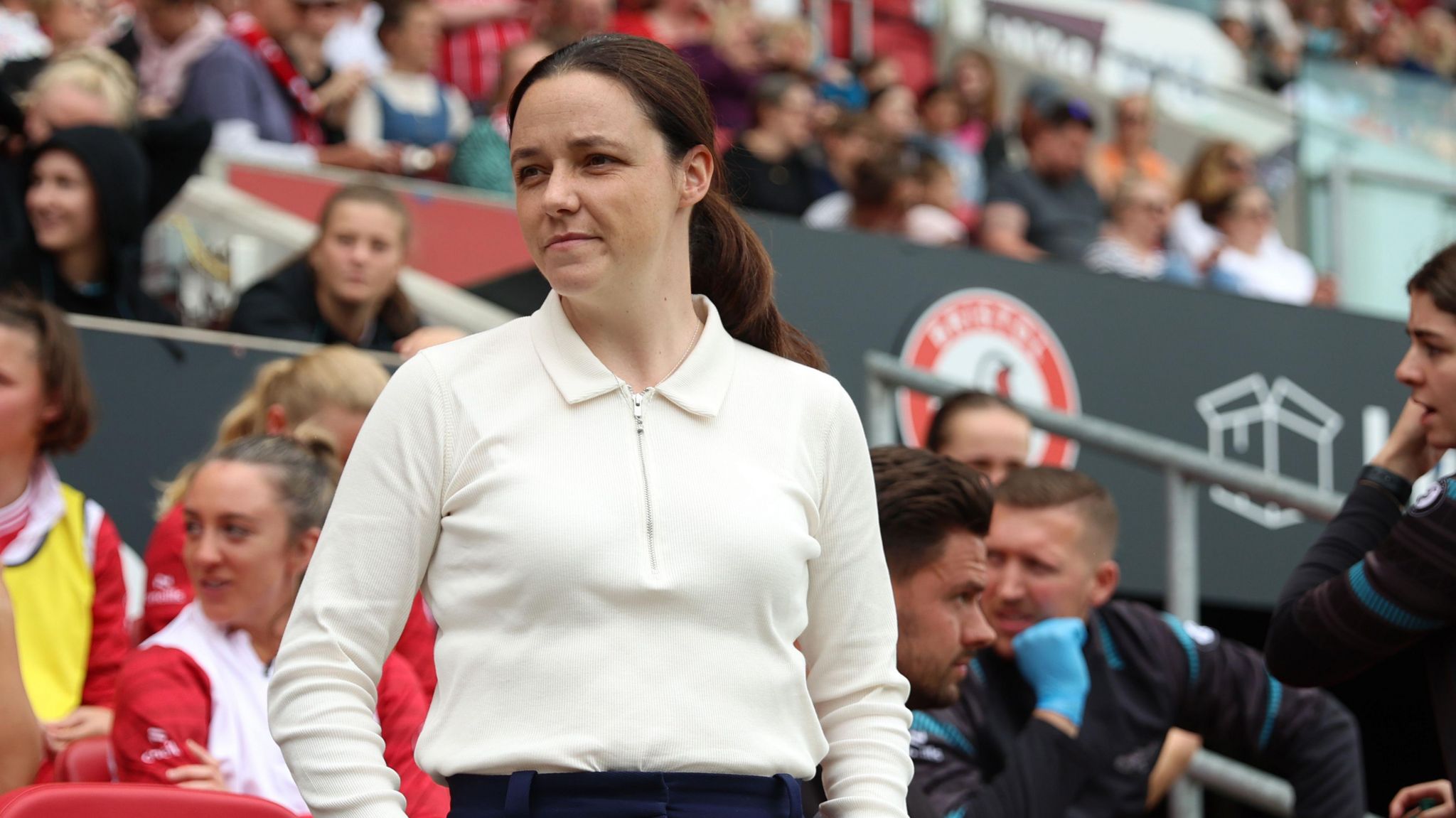 Lauren Smith in the dugout at Ashton Gate