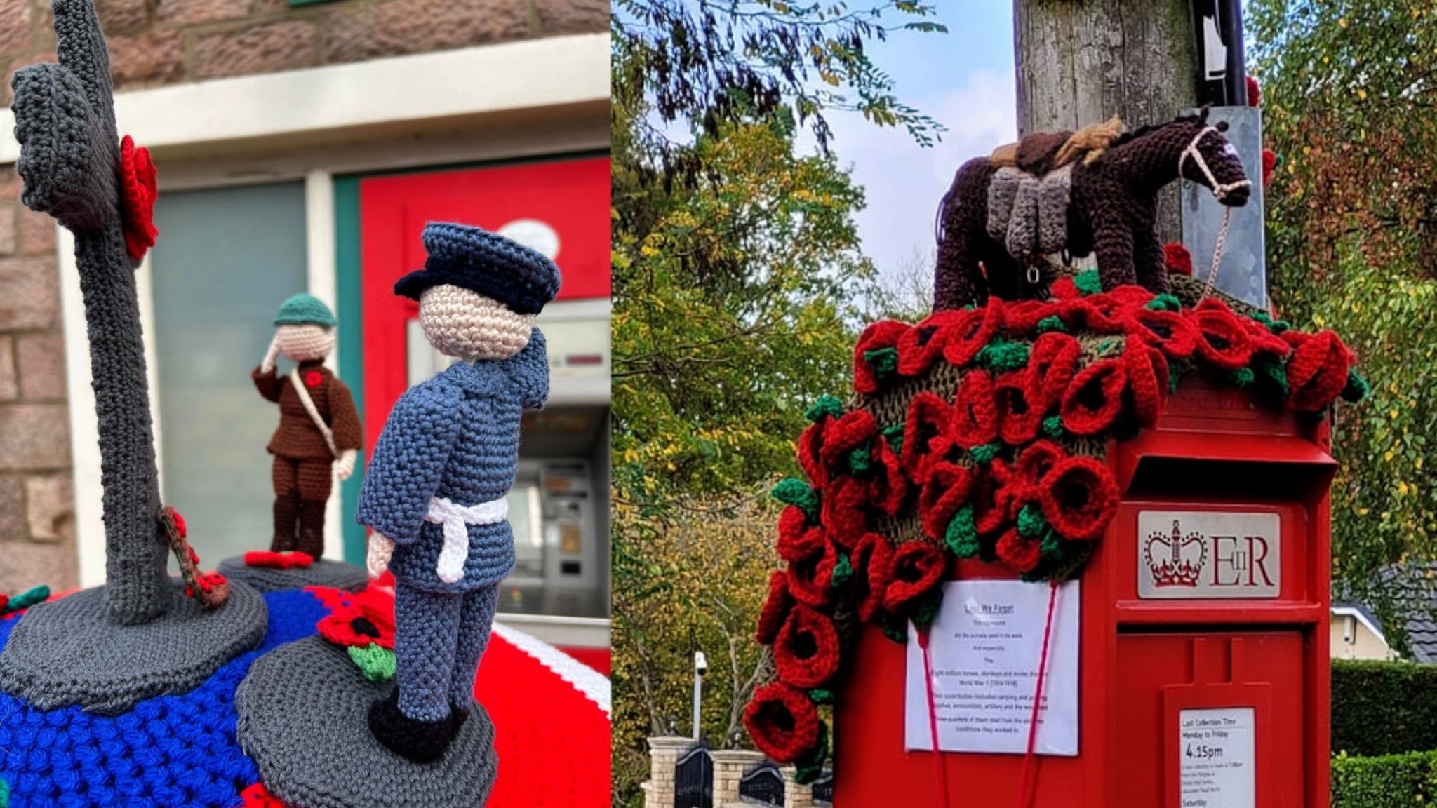 Soldiers salute at a knitted war memorial and a tribute to all the horses that participated in World War One 