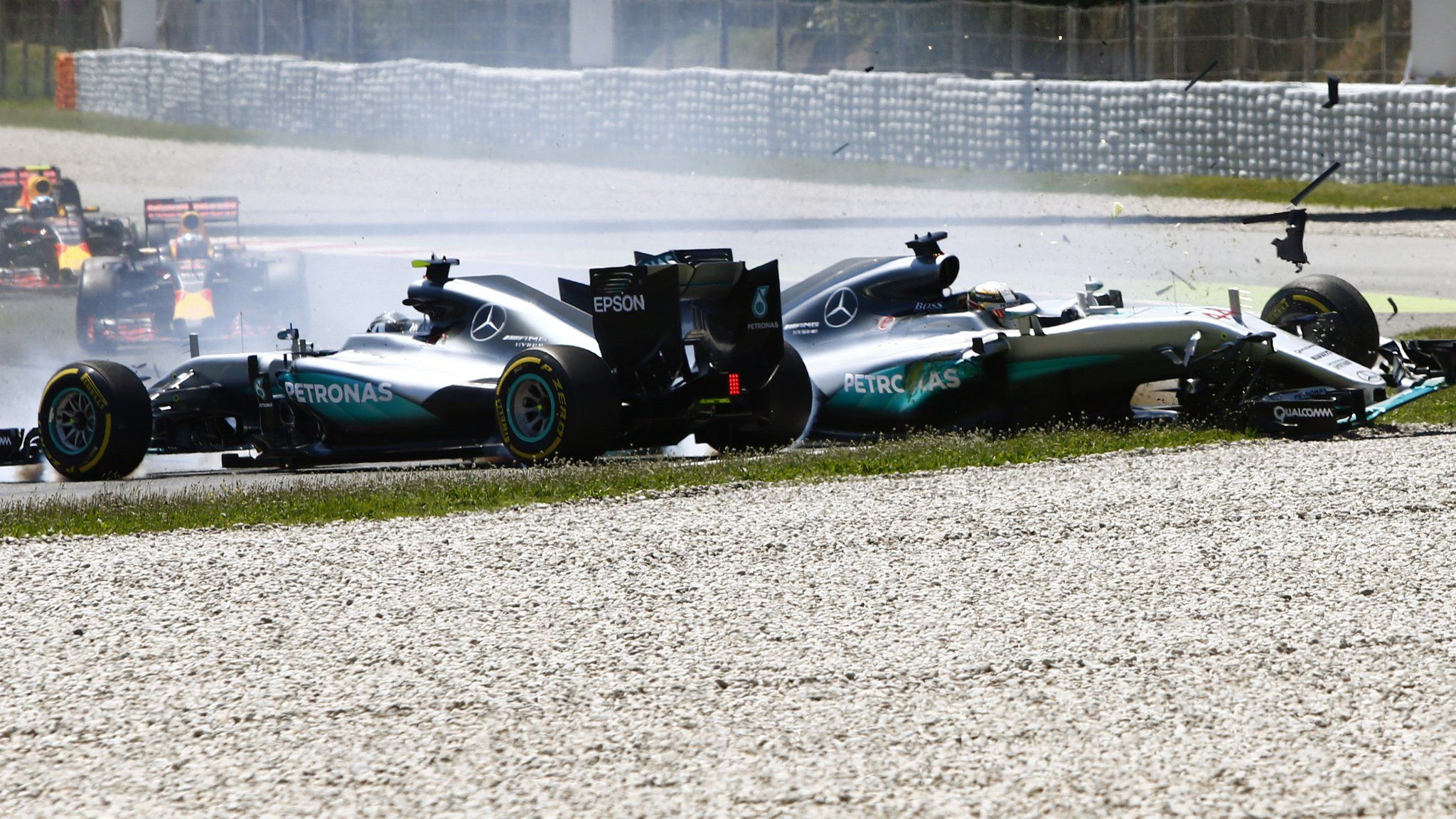 Hamilton and Rosberg's Mercedes collide