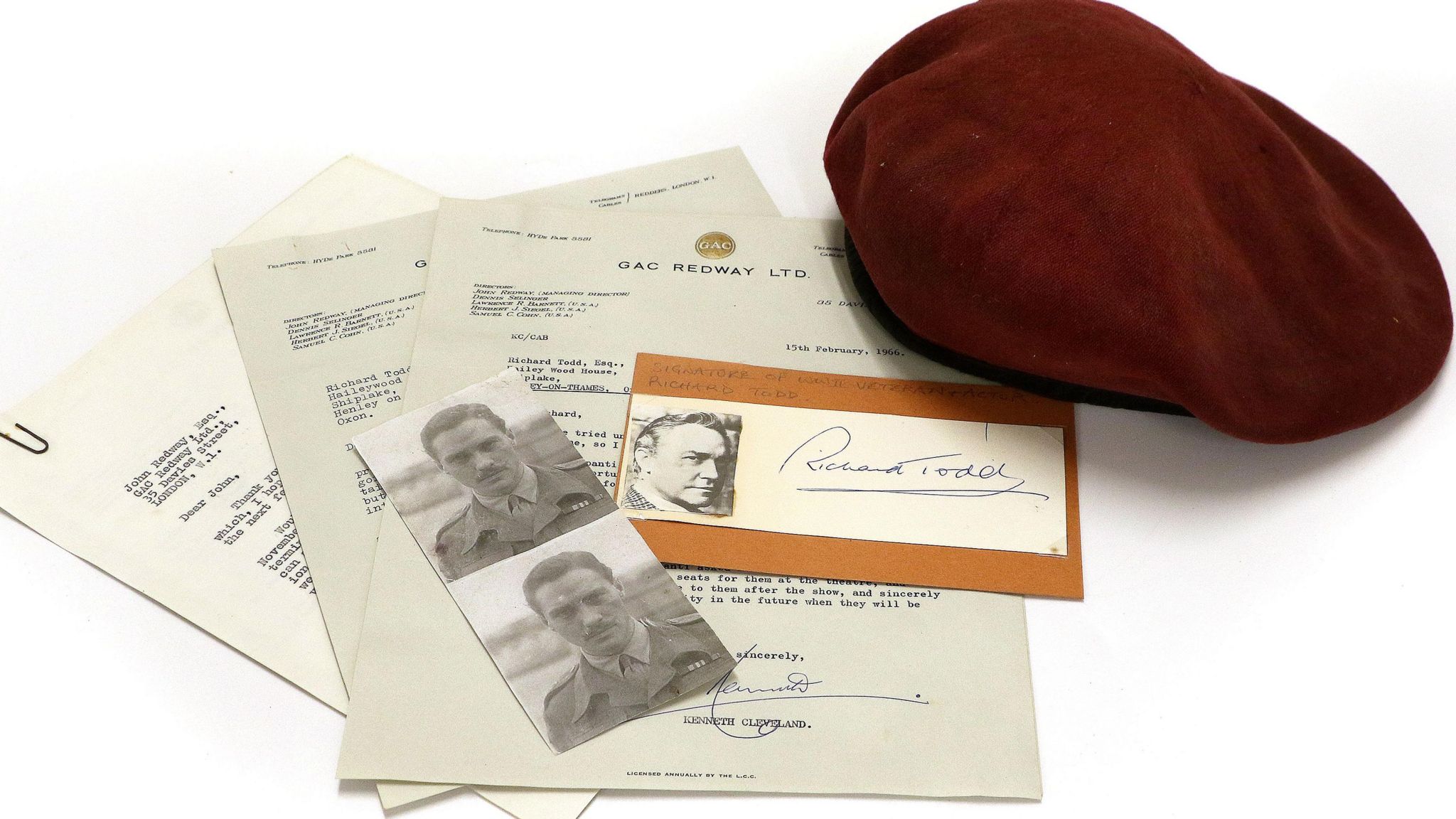 A beret and a portrait photo signed by Rihcard Todd with correspondence addressed to him