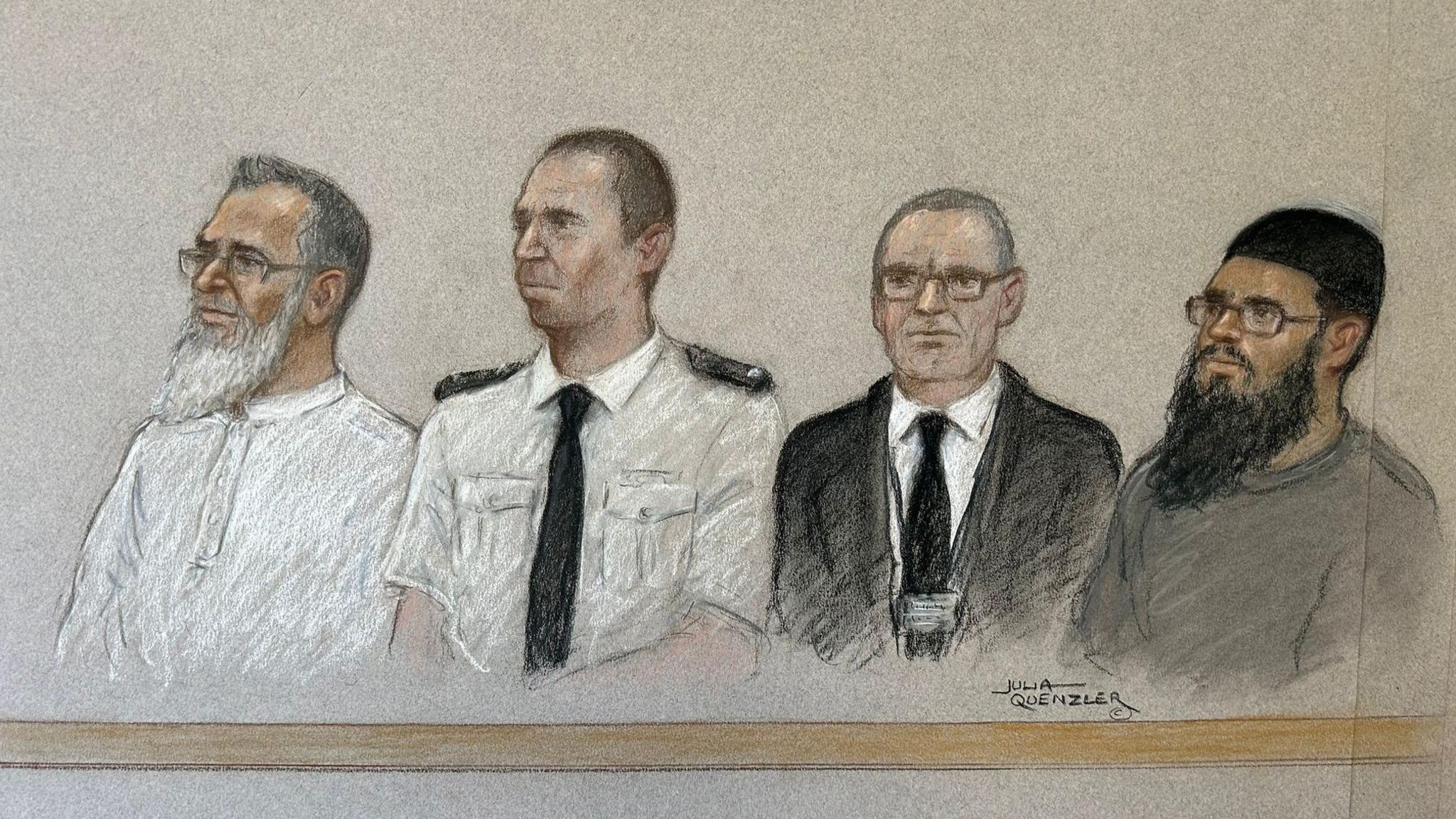 Anjem Choudary and Khaled Hussein pictured in a court sketch - they appear to be sitting on a bench, with two police officers separating them