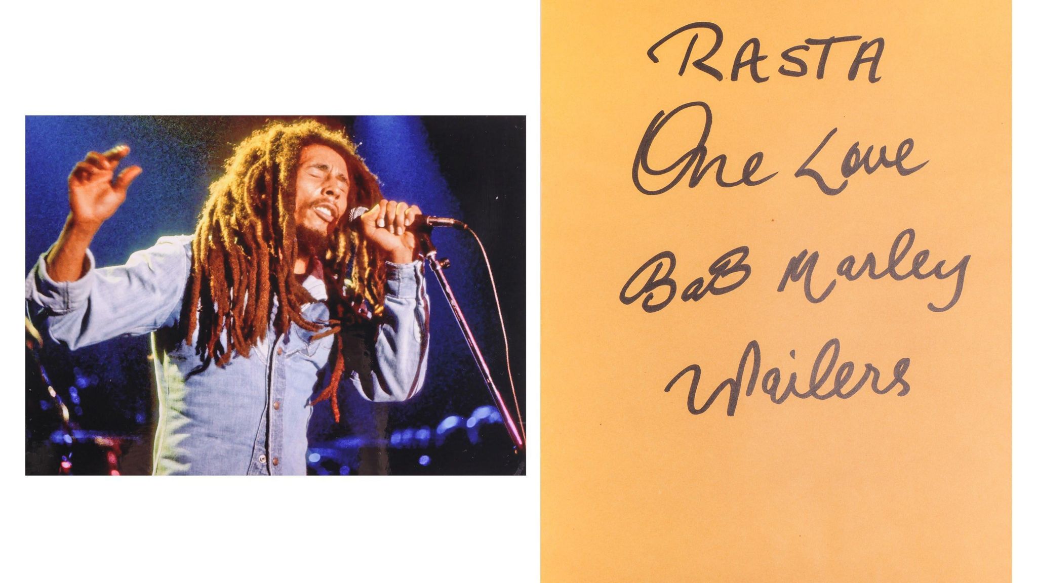 On the right is a picture of Bob Marley singing at a mic stand. On the right, is a yellow sheet of paper with the words "One Love, Bob Marley, Wailers" written