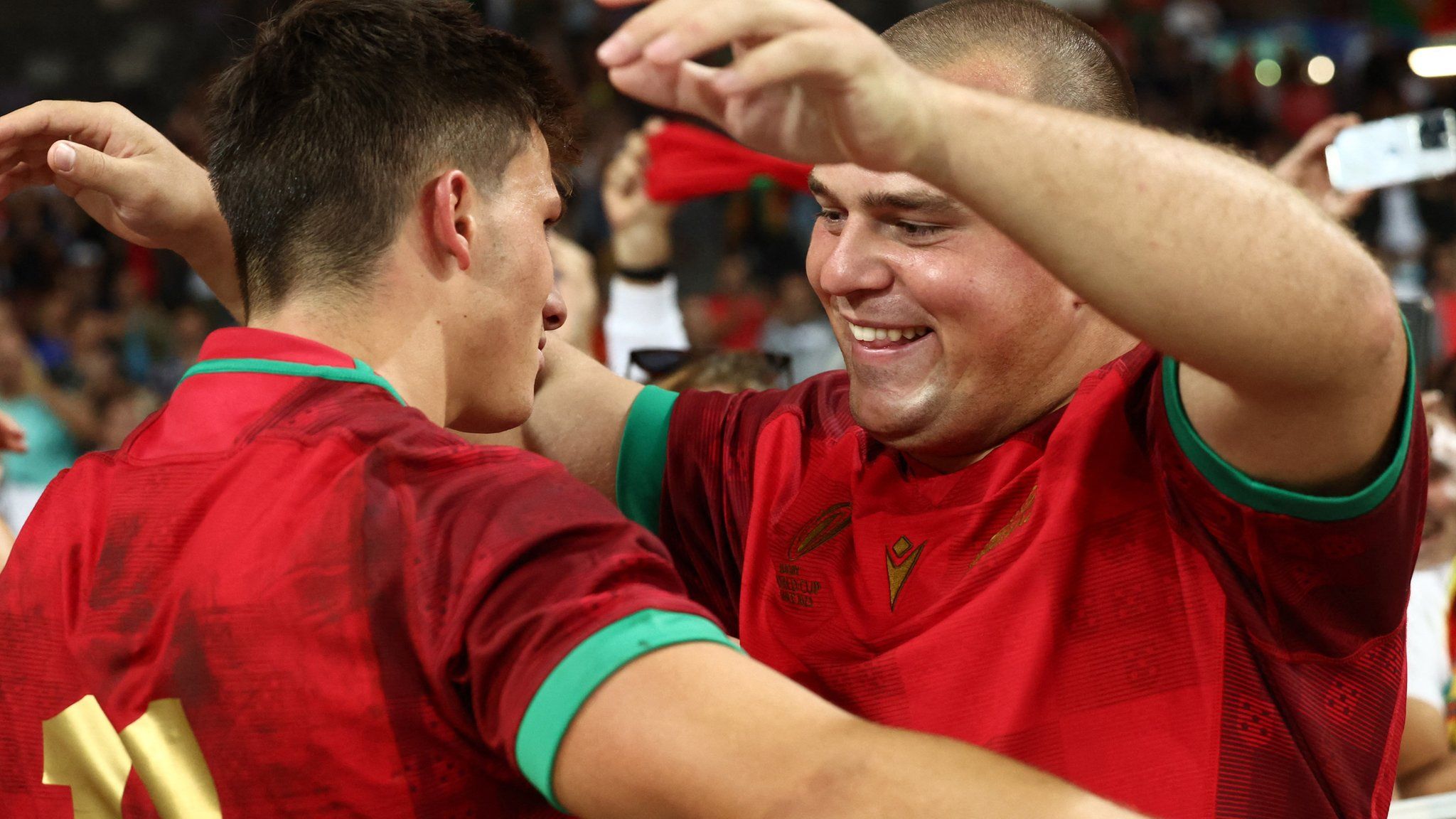 Portugal celebrate their Rugby World Cup victory over Fiji