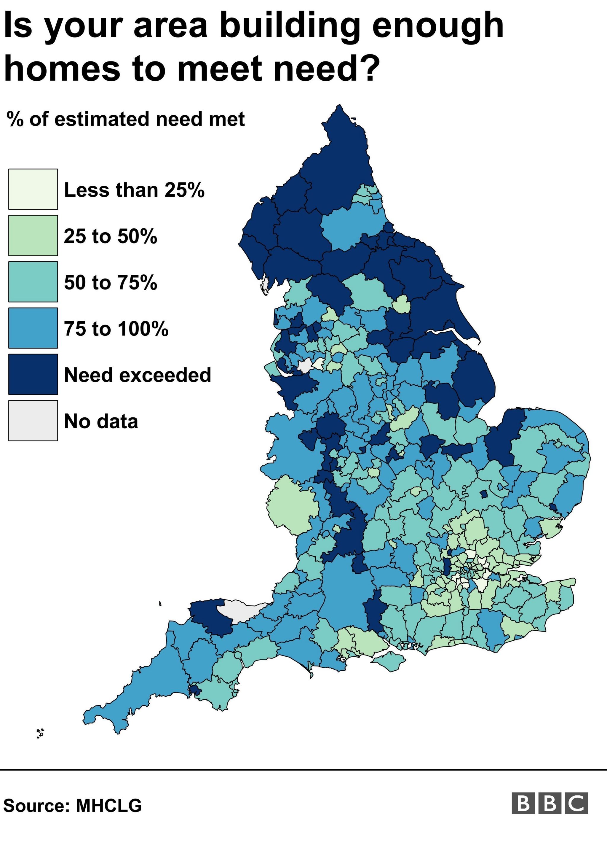 Map showing which areas of the UK are meeting the demand for housing