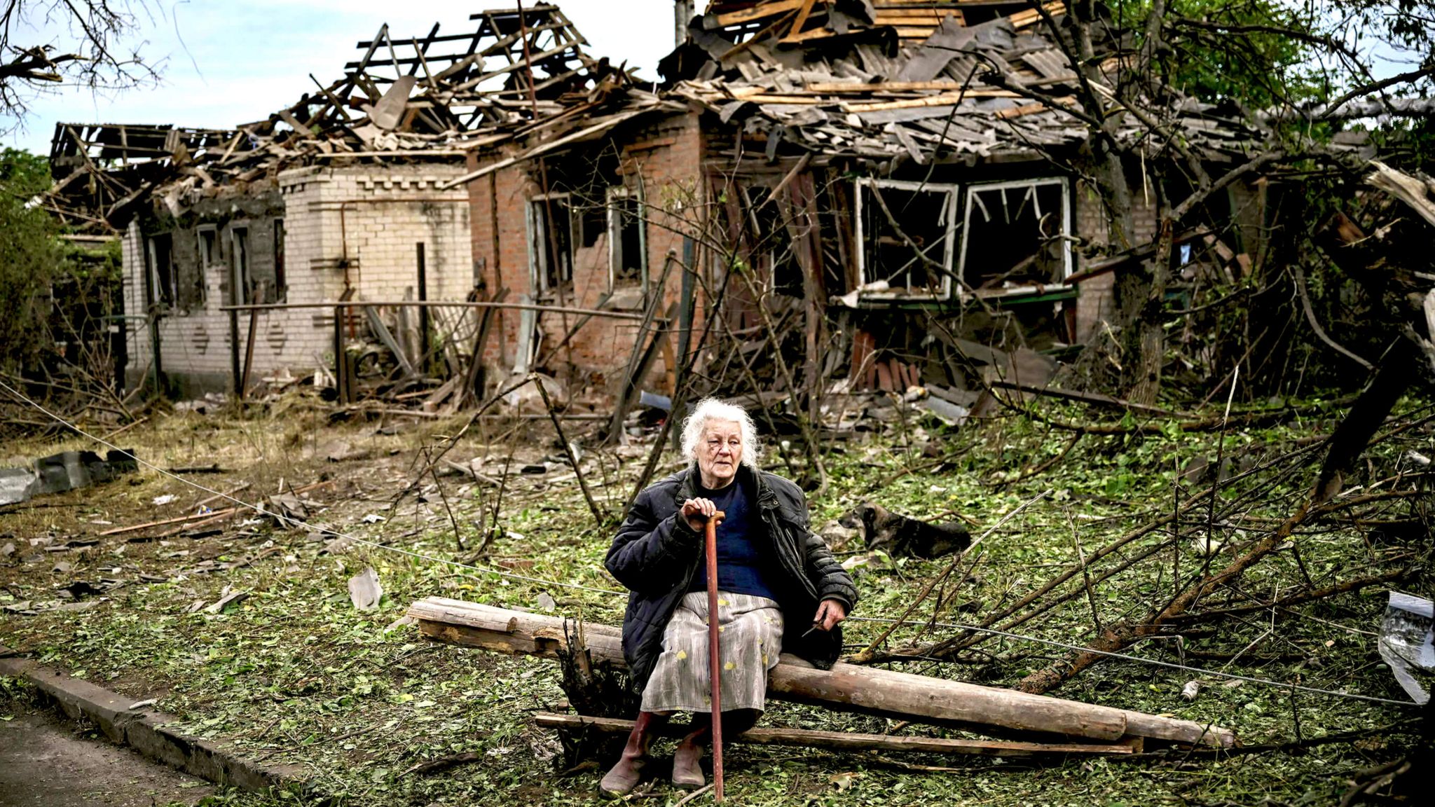 A woman sits on a fallen log in front of two houses that have been demolished by a missile strike, which killed another woman, in Druzhkivka, Donetsk