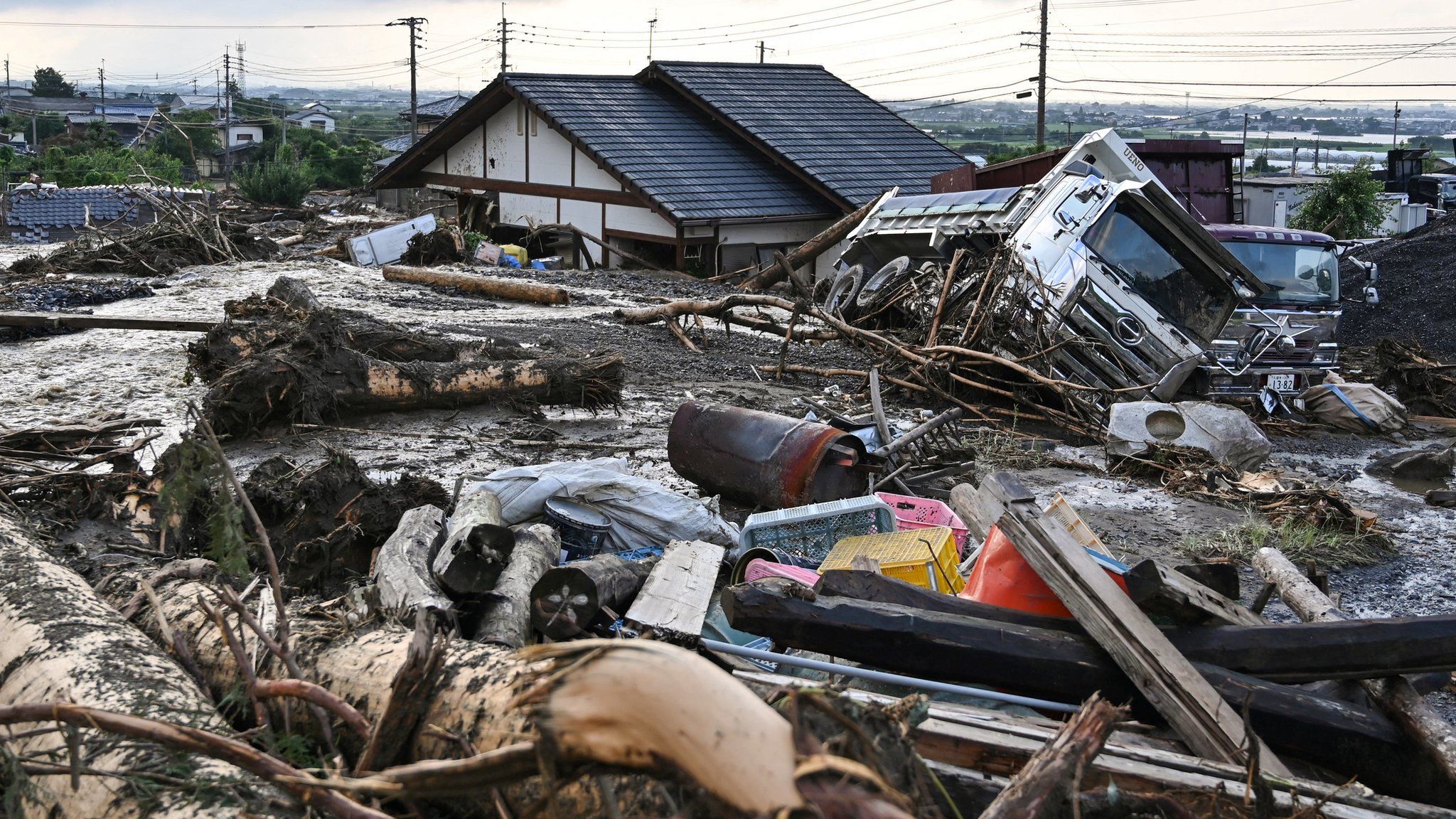 Debris from flooding in Japanese city Kurume, in Kyushu