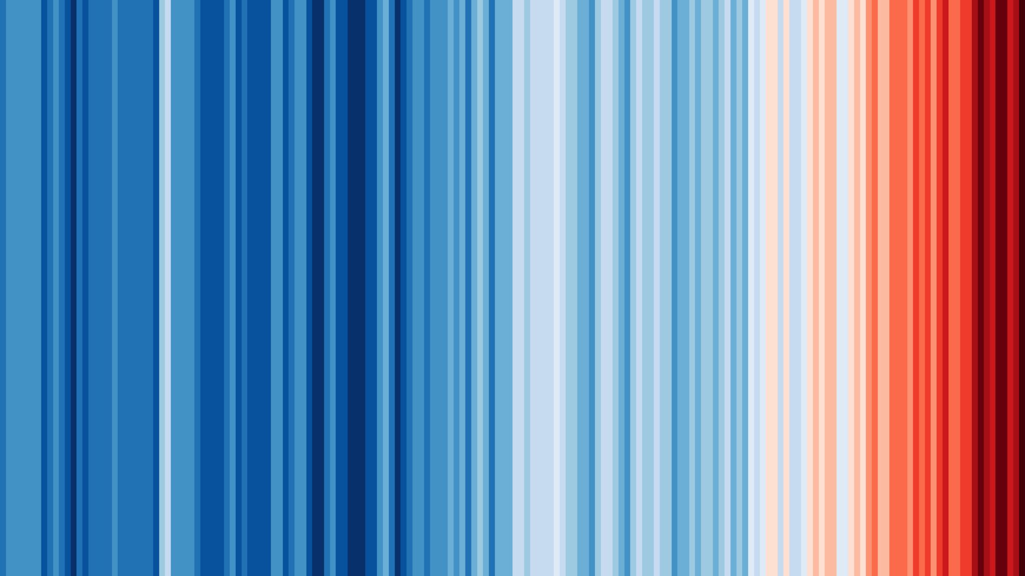 A computer-generated image showing a row of thin vertical stripes, starting blue on the left hand side and gradually turning to deep red on the right hand side