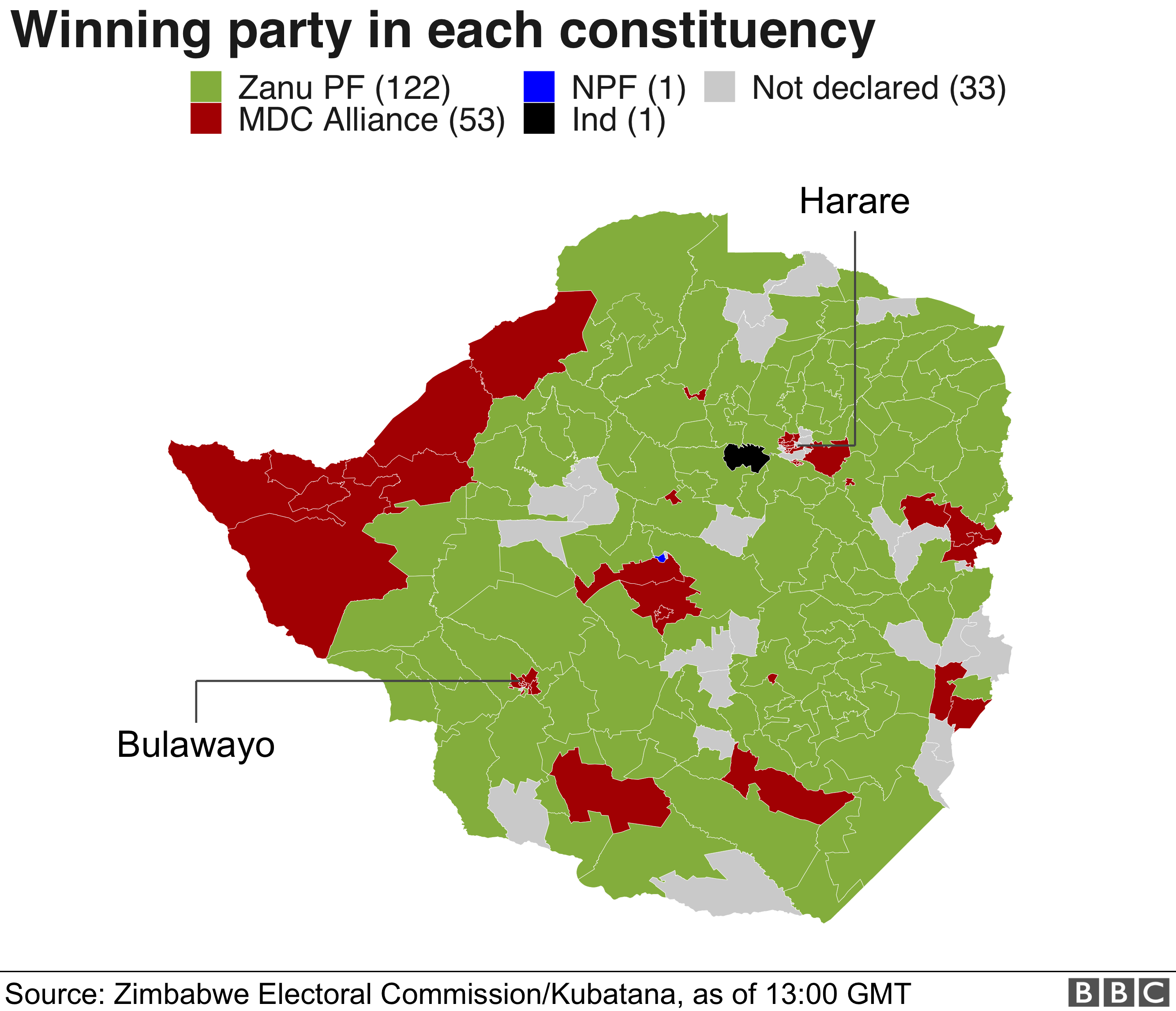 Zimbabwe election ZanuPF has most seats, results show