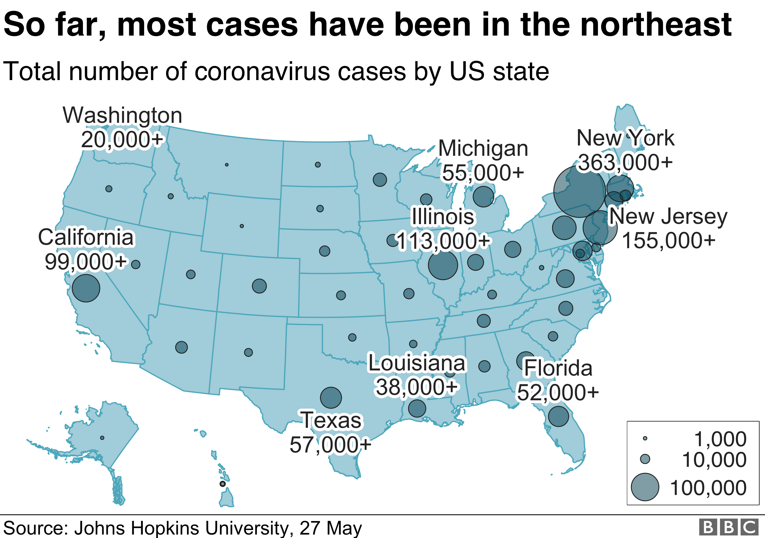 Map showing the total number of coronavirus cases by US state. At the moment, the overwhelming majority have been in the northeast of the country