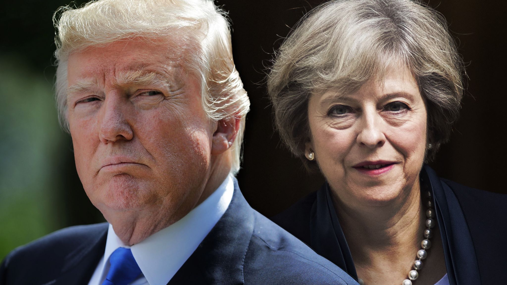 Donald Trump looks stern as Theresa May looks out into the distance behind him