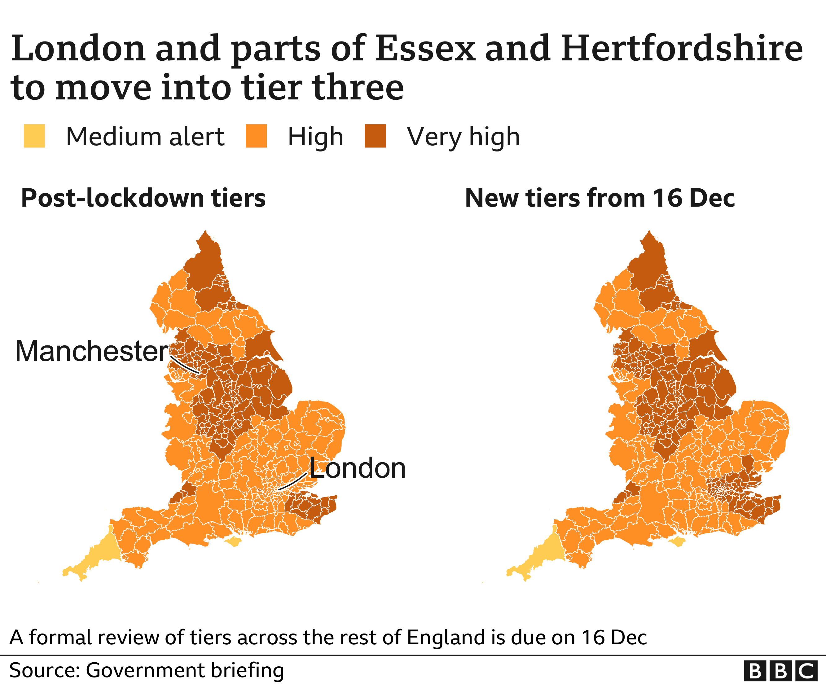 Map showing tiers alert levels in England