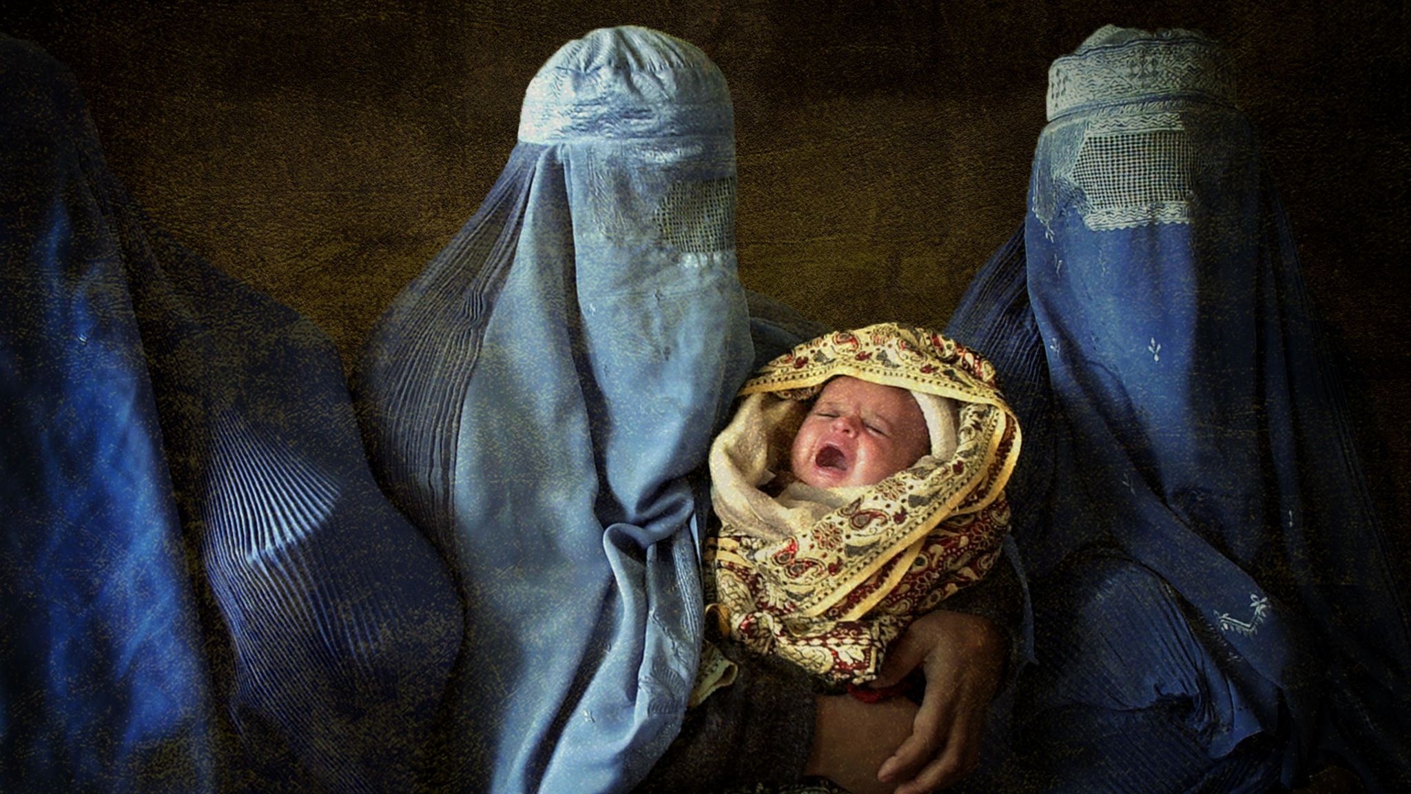 Афганские женщины в бурках, с младенцем, иллюстрация