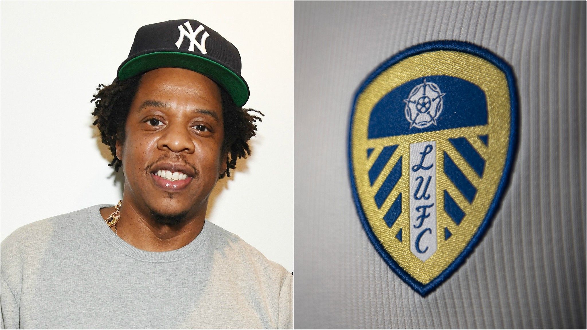 Split image of Jay-Z and Leeds United badge