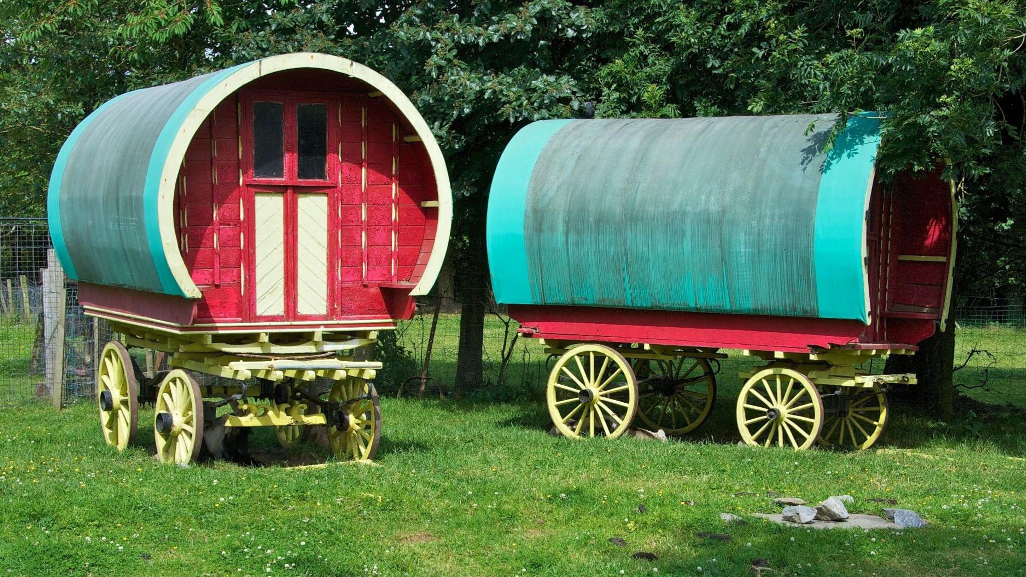 Two gypsy caravans in a field.