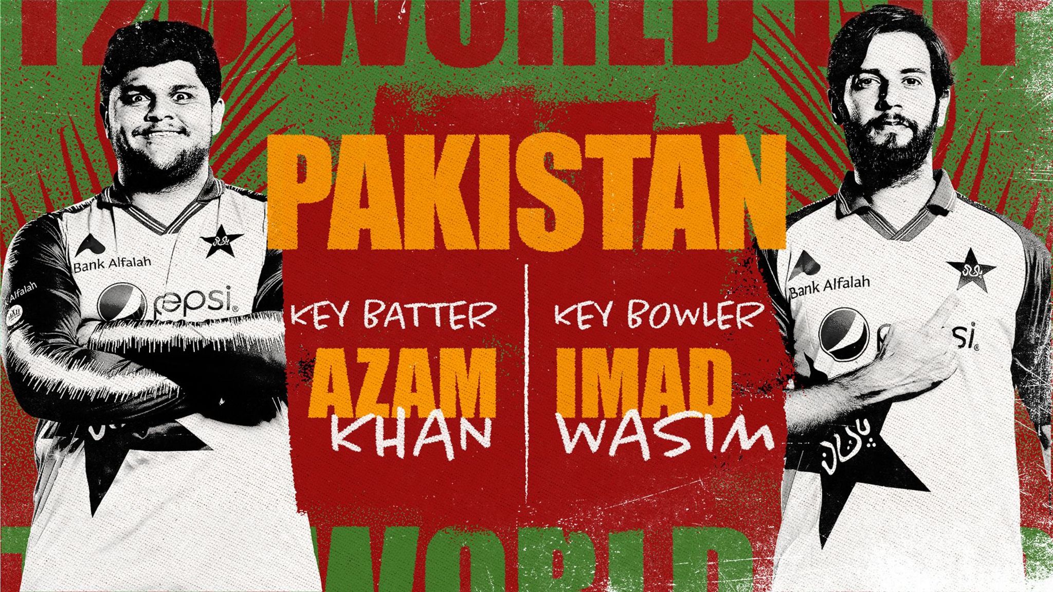 A graphic showing Azam Khan and Imad Wasim as Pakistan's key batter and bowler at the Men's T20 World Cup