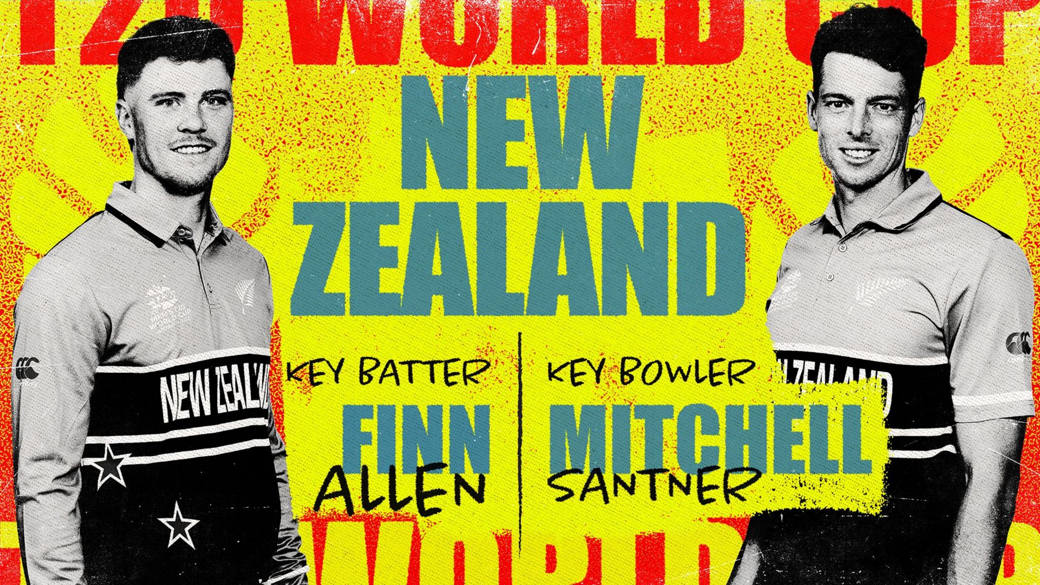 A graphic showing Finn Allen and Mitchell Santner as New Zealand's key batter and bowler at the Men's T20 World Cup