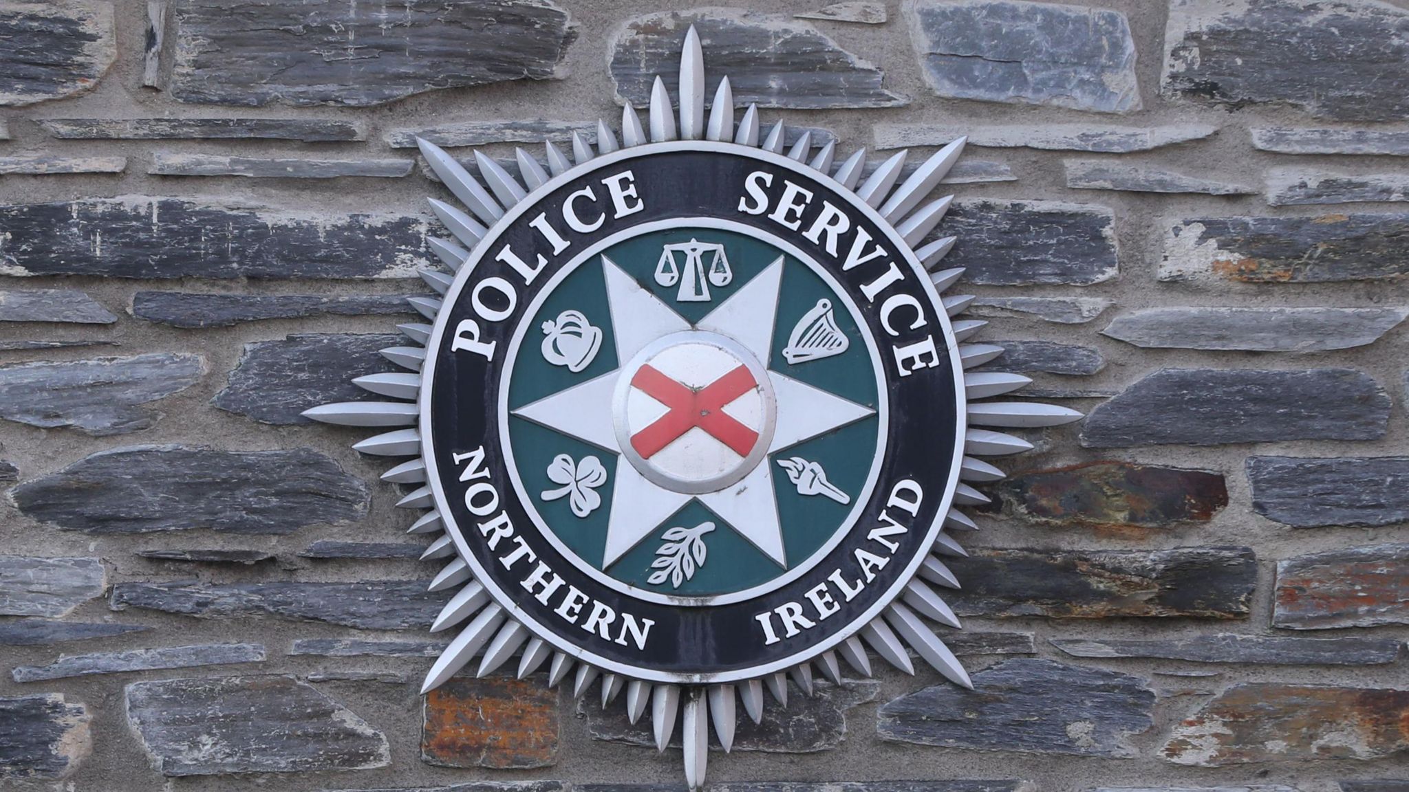 PSNI badge over a brick wall. 

The badge has the words 'Police Service of Northern Ireland' in white writing with a red cross in the middle and harps, scales, crowns and leaves on green background. 