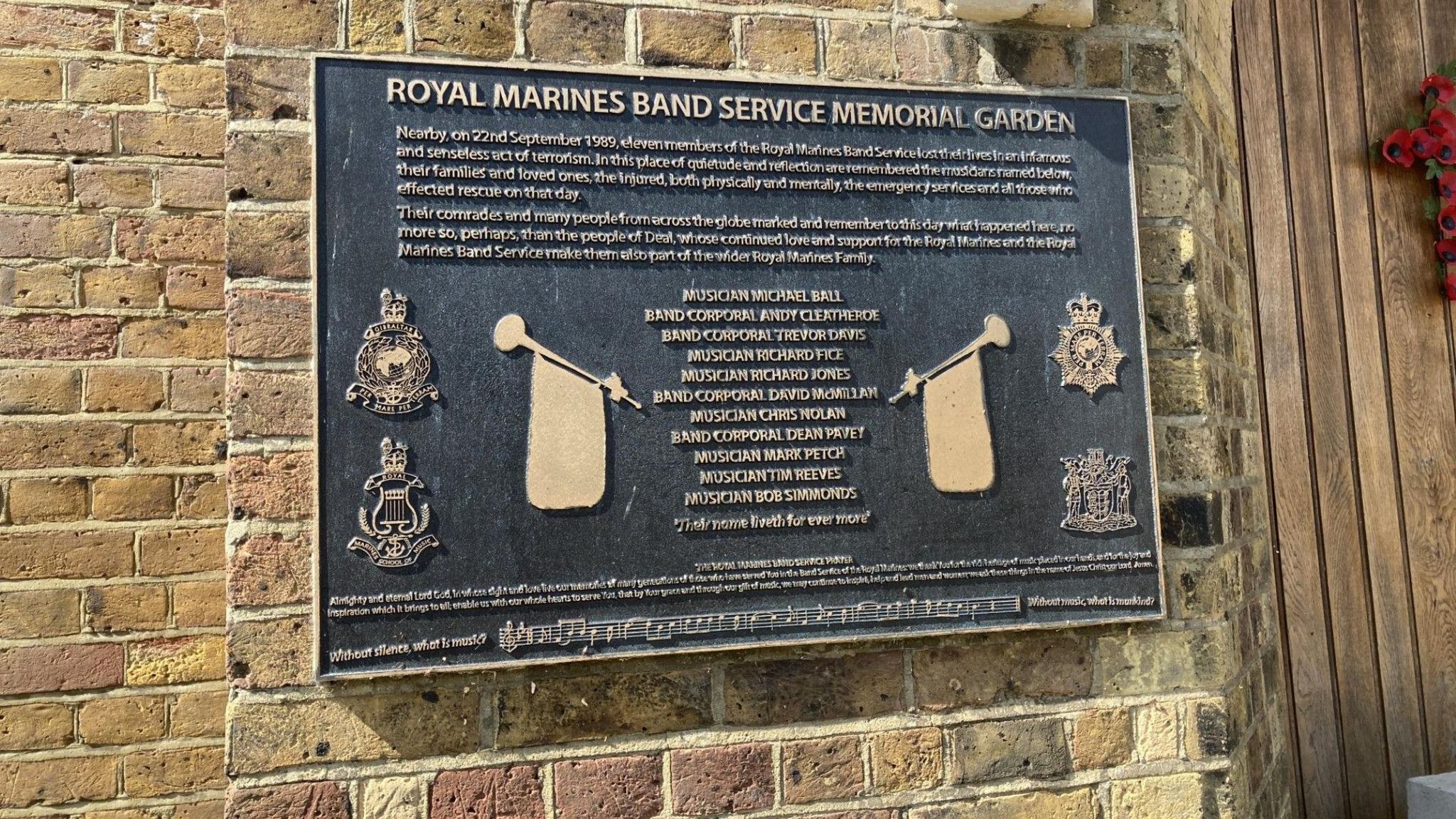The sign at the entrance to the Royal Marines' memorial garden