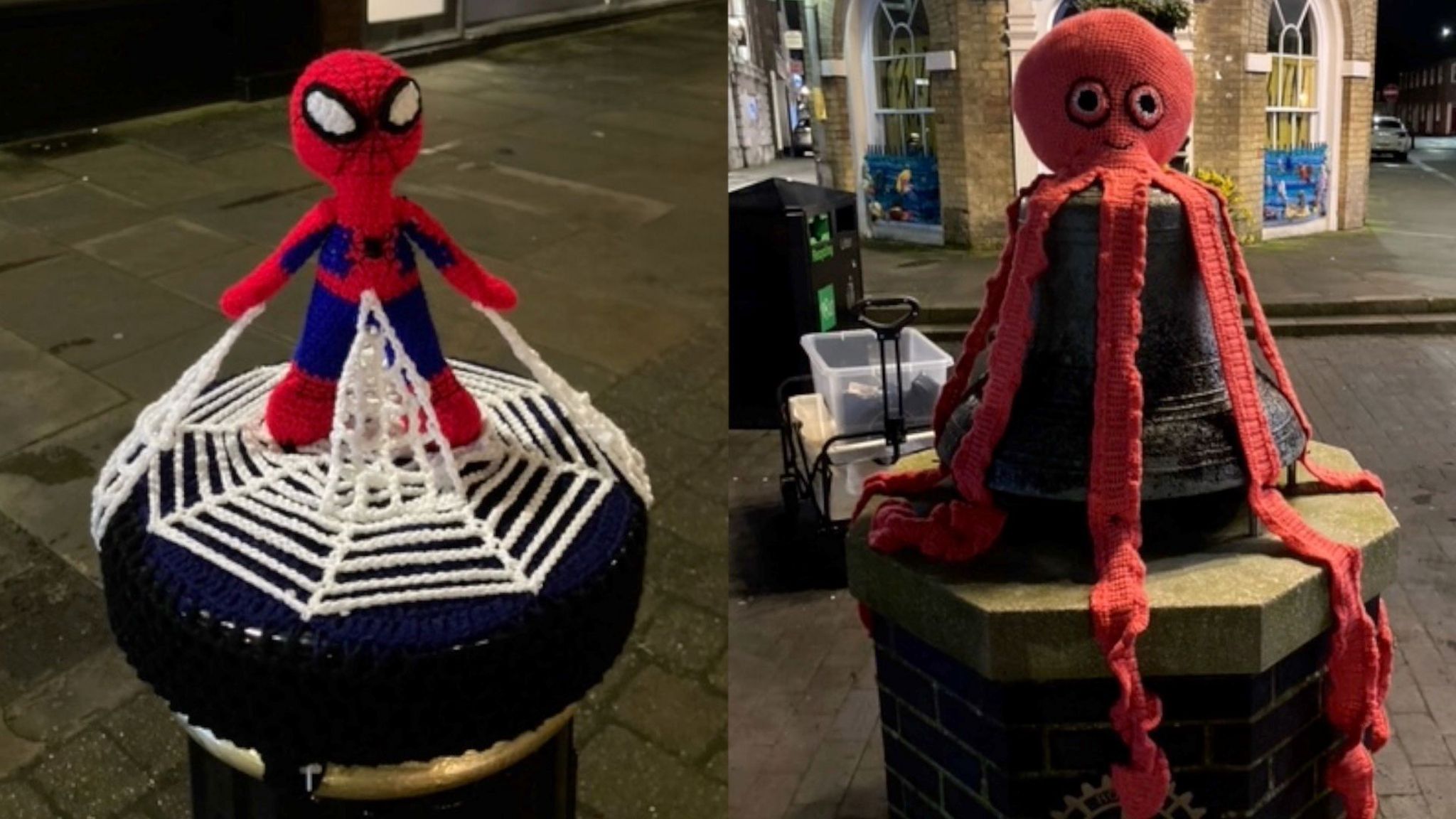 A knitted spiderman and octopus on bollards.