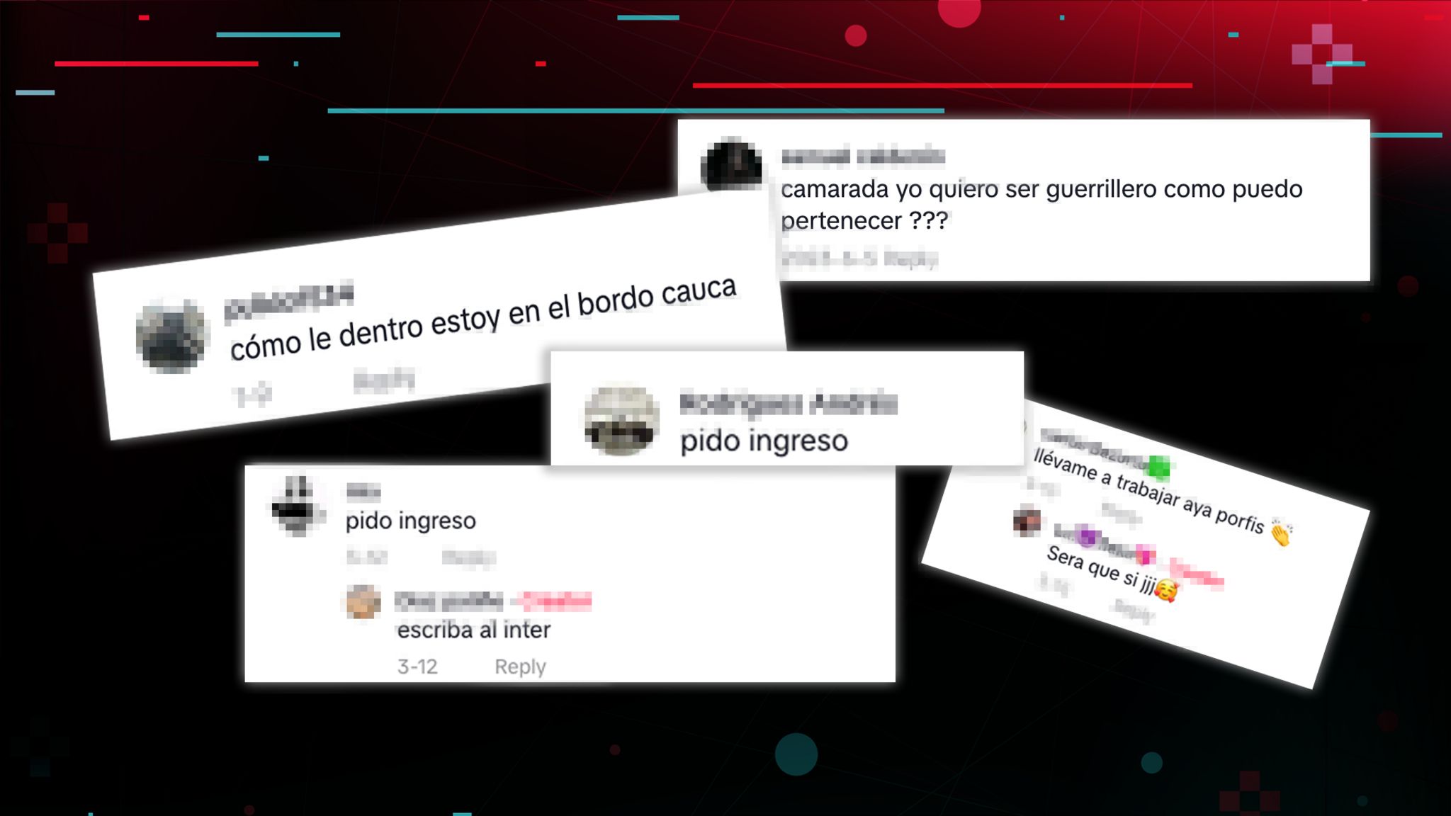 A dark background with screenshots of comments on TikTok videos gathered by the BBCasking how to join dissident armed groups in Colombia. 