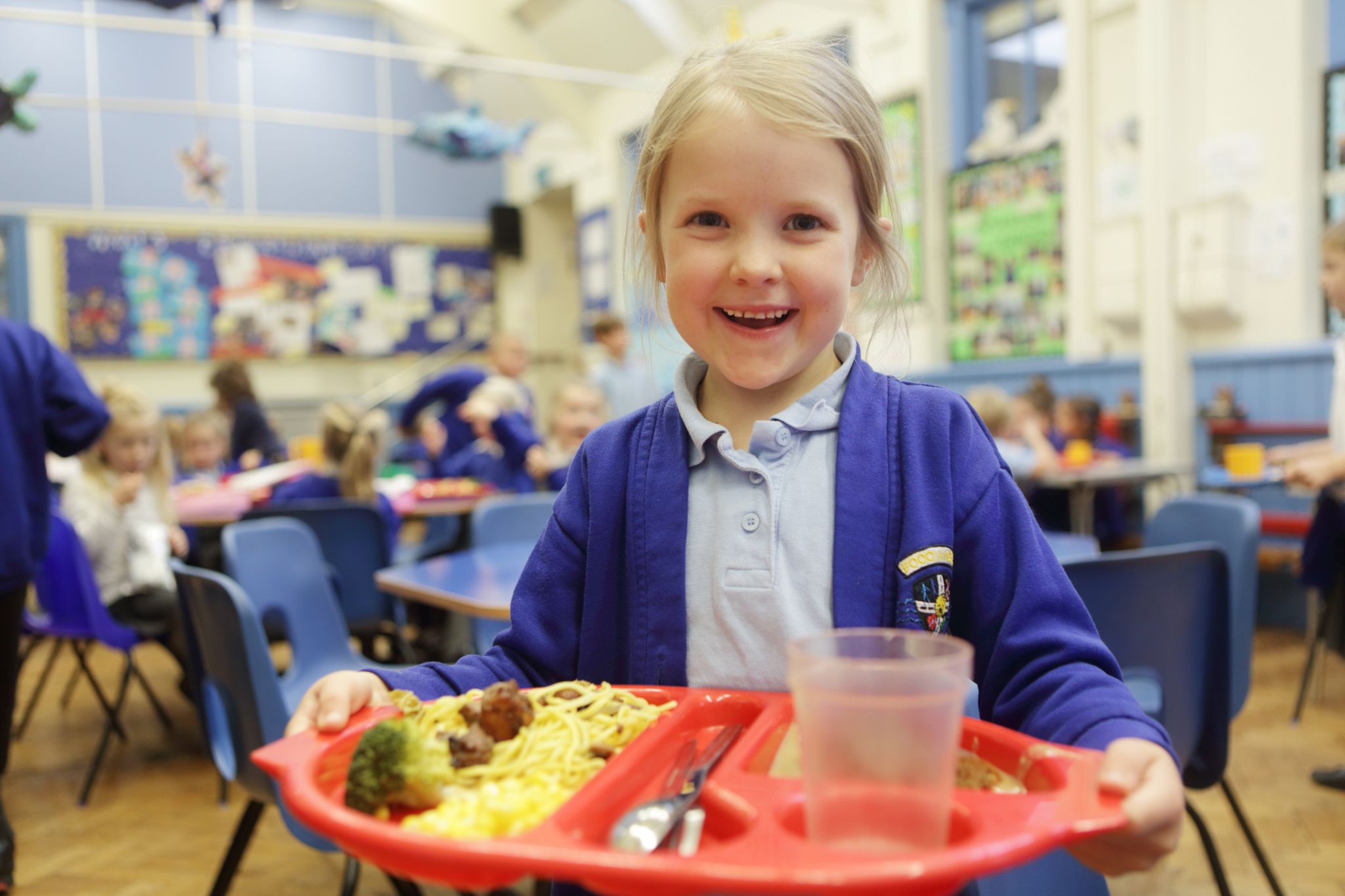 Girl with lunch in school dining hall - stock photo