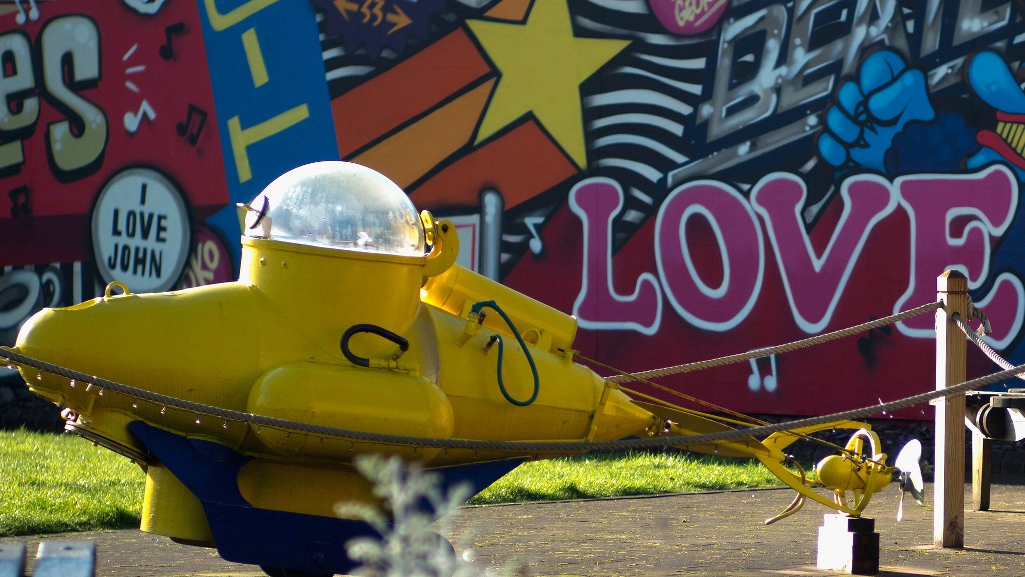 A yellow submarine and murals decorate the Penny Lane Community Centre on February 11, 2016 in Liverpool, England