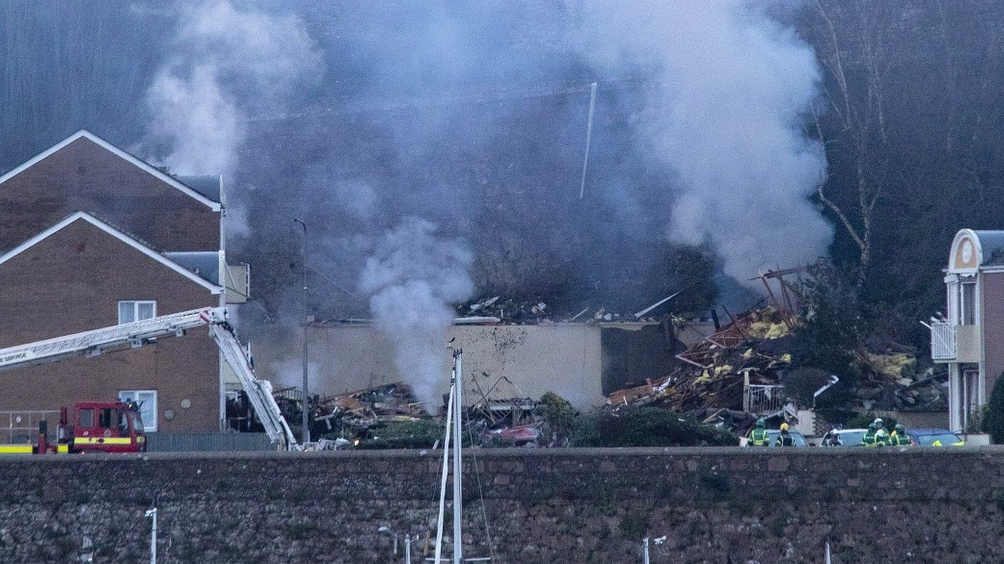 View of the devastation of the smoking wreckage after the explosion