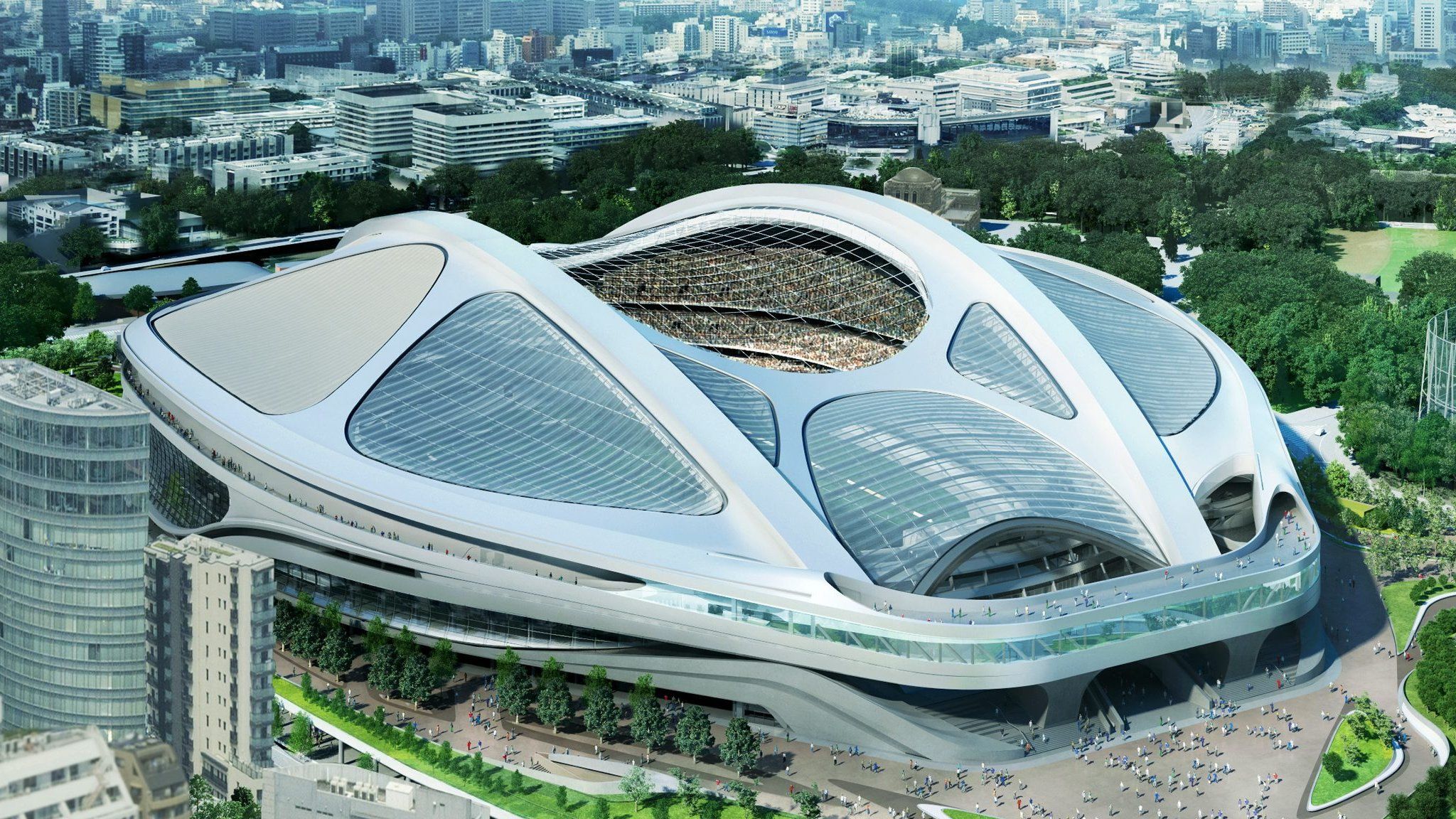 File photo: An undated handout image released by Japan Sport Council on 17 July 2015 shows an artist's concept image of the new National Stadium for 2020 Tokyo Olympics designed by Iraqi-British architect Zaha Hadid