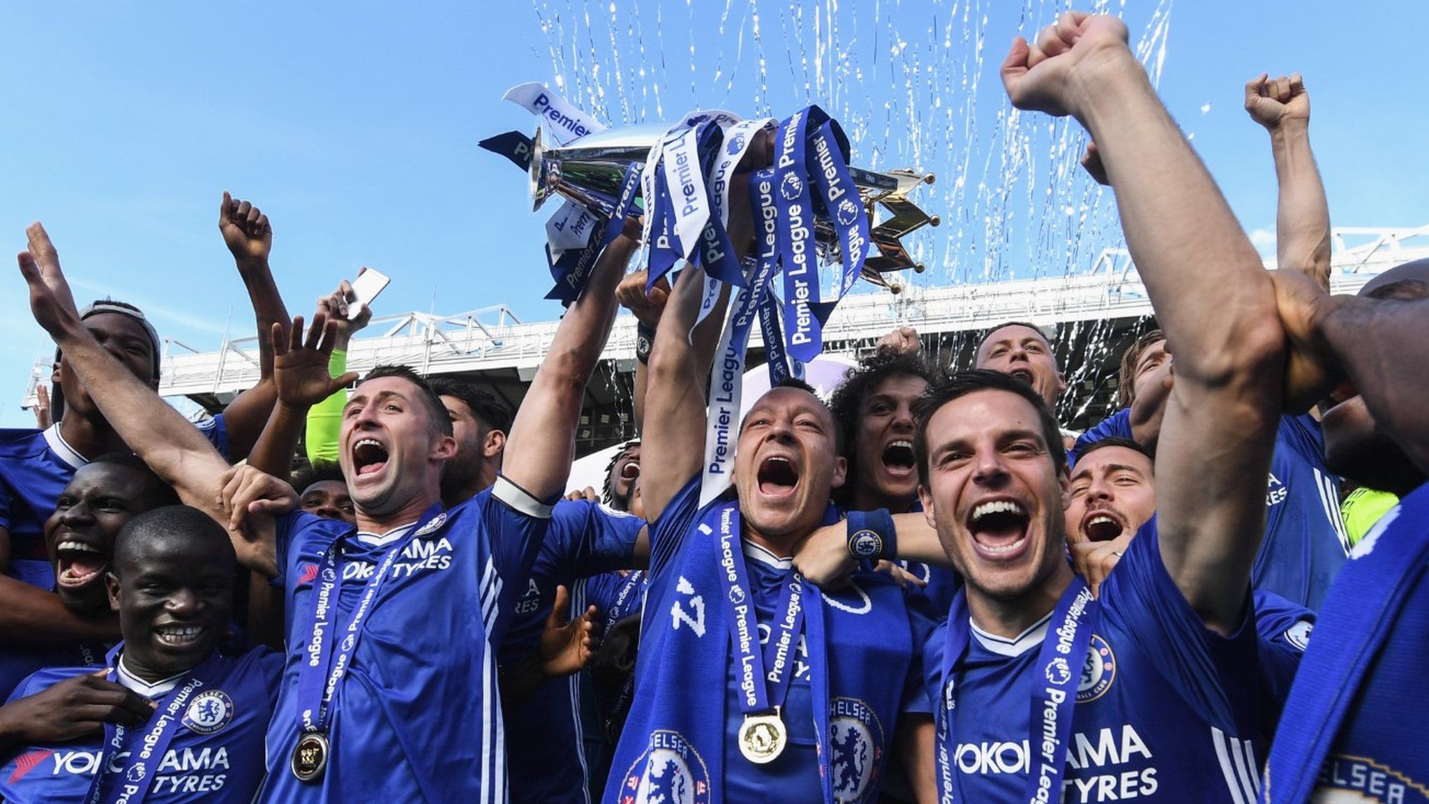 Chelsea celebrate winning the Premier League