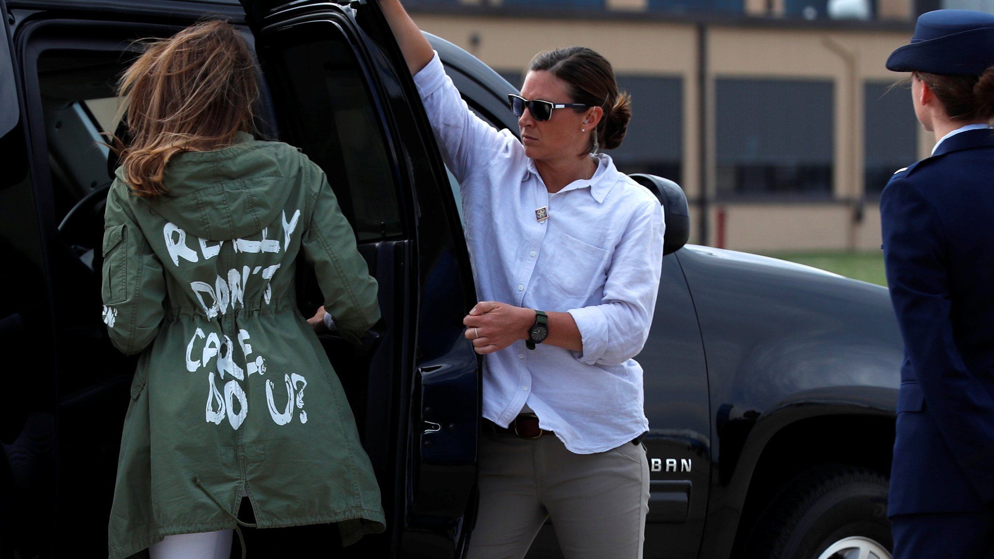Melania Trump wearing logo jacket