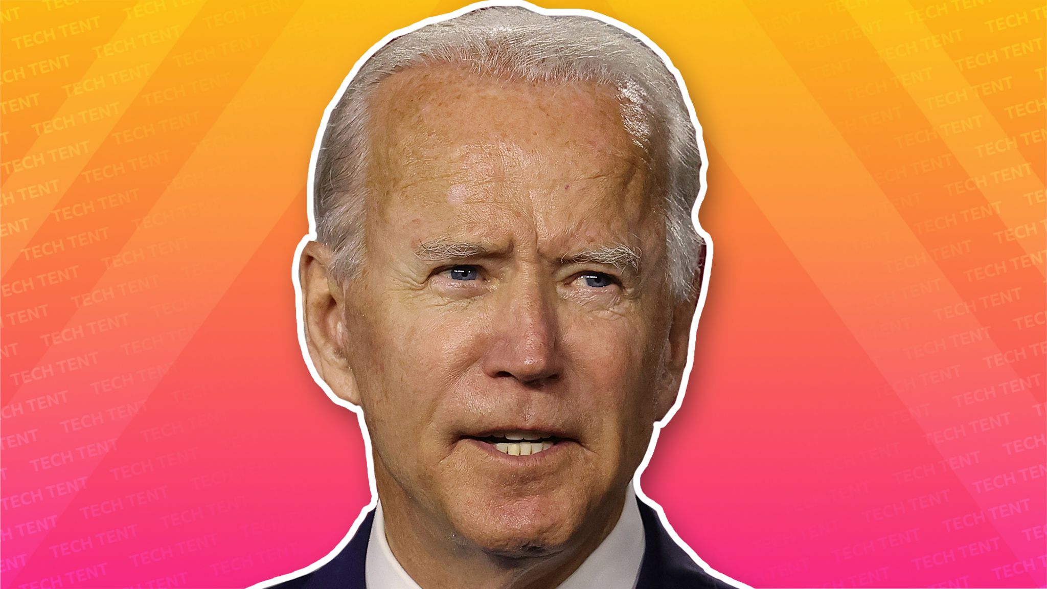 Joe Biden cut out against the Tech Tent brand colours of Orange and magenta