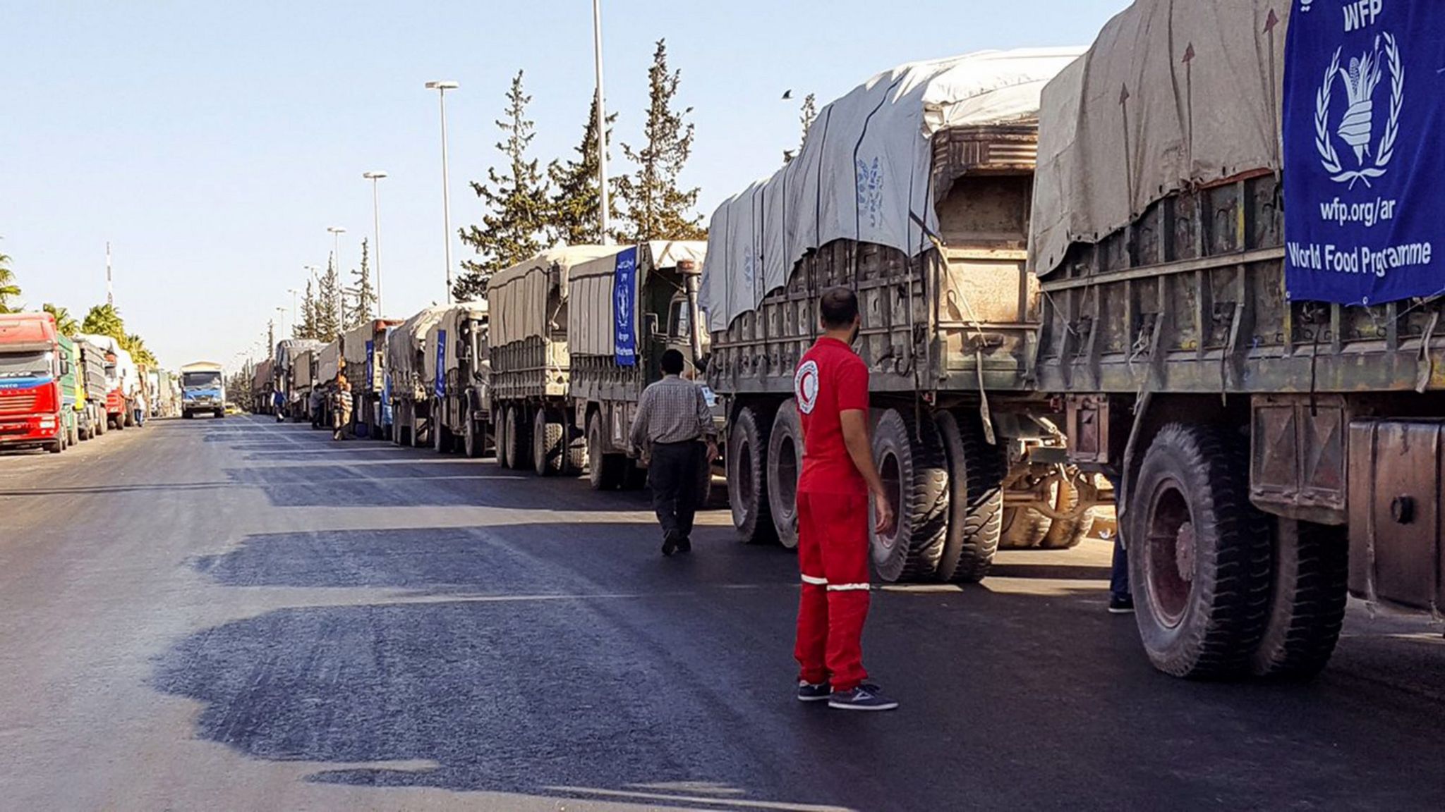 Convoy of 31 trucks preparing to set off to deliver aid to the western rural side of Aleppo, Syria, 19 September 2016