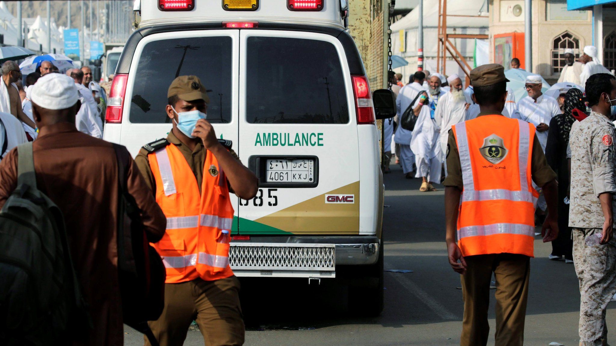 Medics and an ambulance in Mina, Saudi Arabia