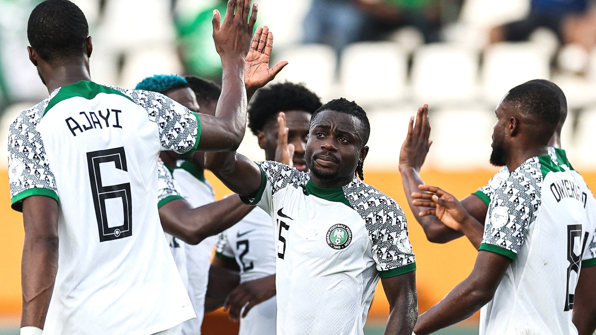 Nigeria celebrate a goal against Guinea-Bissau at the 2023 Africa Cup of Nations